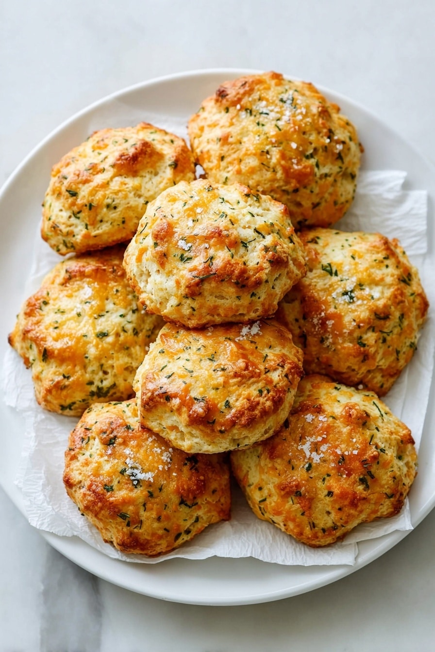 A white plate holds a group of golden brown biscuits with a rough, crumbly texture. Each biscuit has a slightly cracked top showing hints of melted cheese inside, with small green herbs sprinkled on top. The biscuits are stacked closely, covering the plate, and a silver spoon with a wooden handle rests beside them. The plate sits on a white marbled surface. photo taken with an iphone --ar 2:3 --v 7 - Red Lobster Cheddar Bay Biscuits, Cheddar Bay Biscuits recipe, homemade Cheddar Bay biscuits, cheesy garlic biscuits, flaky buttery biscuits