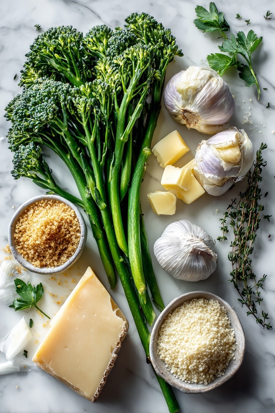 Flat lay of fresh broccolini with vibrant green stalks and delicate florets, thinly sliced pale purple shallot rings, two cloves of smooth white garlic, a small mound of golden toasted panko breadcrumbs, bright yellow salted butter chunks, fresh sprigs of green thyme and flat leaf parsley, a wedge of creamy off-white Parmesan cheese, and a block of pale yellow Gruyère cheese, all naturally arranged with soft shadows and varied textures, placed on white marbled surface, photo taken with an iphone --ar 2:3 --v 7 - Broccolini au Gratin, broccolini baked with cheese, cheesy broccolini gratin, creamy broccolini side dish, easy broccolini recipe