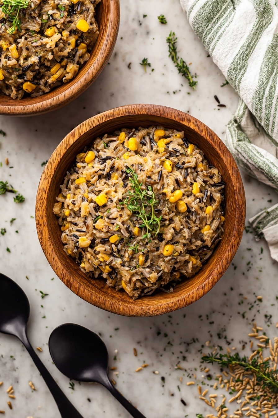 The image shows a white bowl filled with a mixed dish of wild rice, corn, and small pieces of chicken, all blended into a creamy texture. The dish has three visible layers: a bottom layer of yellow corn kernels, a middle layer of creamy beige rice with dark wild rice strands, and chunks of light brown chicken mixed throughout. The bowl sits on a white marbled surface, with some scattered grains around. In the foreground, a black spoon holds a scoop of the dish, being held by a woman's hand. Photo taken with an iphone --ar 2:3 --v 7 - Instant Pot Leftover Turkey Wild Rice Casserole, leftover turkey recipes, easy turkey casserole, wild rice recipes, holidays leftovers dinner