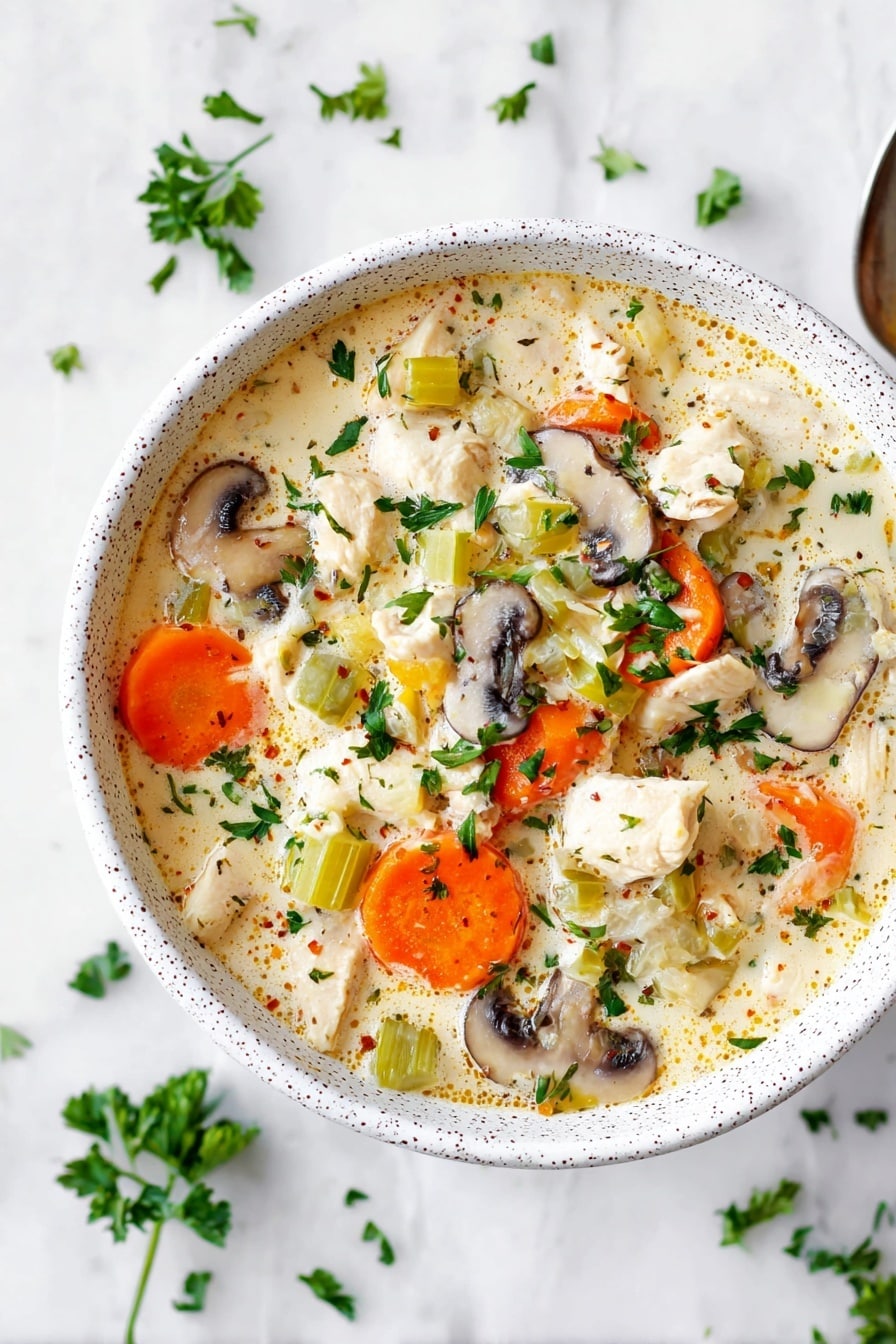 A shiny silver pot filled with creamy soup showing layered ingredients: bright orange carrot slices, pale beige chunks of chicken, light green celery pieces, thin tan mushroom slices, and small bits of fresh green herbs sprinkled on top. The soup base is a light creamy yellow, smooth in texture, with visible rice grains spread throughout. The pot is sitting on a white marbled surface. photo taken with an iphone --ar 2:3 --v 7 - Healthy Leftover Turkey Wild Rice Soup with Vegetables, leftover turkey soup, healthy turkey soup recipe, hearty vegetable soup, nourishing turkey leftovers