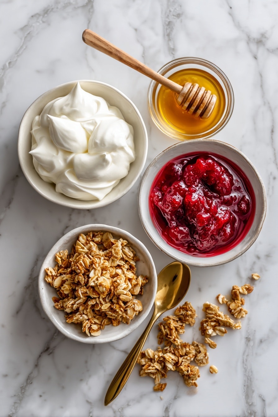 Flat lay of creamy white Greek yogurt dollops, vibrant red cranberry sauce glistening with a glossy texture, golden honey drizzles catching the light, and crunchy clusters of golden brown granola scattered artfully, placed on a white marble surface, photo taken with an iphone --ar 2:3 --v 7 - Leftover Cranberry Sauce Parfait, cranberry sauce dessert, easy holiday dessert, quick fruit parfait, festive cranberry recipes