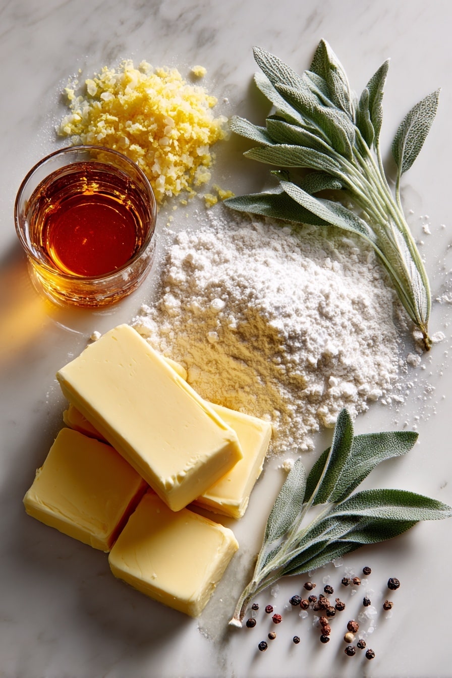 Flat lay of golden unsalted butter sticks, finely chopped yellow onion, a small pile of all-purpose flour, glossy turkey drippings in a shallow pool, fresh green sage leaves scattered delicately, a small glass of amber brandy, and a sprinkle of coarse kosher salt and black peppercorns, all beautifully arranged on a white marble surface, photo taken with an iphone --ar 2:3 --v 7 - Turkey Gravy, Turkey Gravy Tips, Best Turkey Gravy, Easy Turkey Gravy, Homemade Turkey Gravy