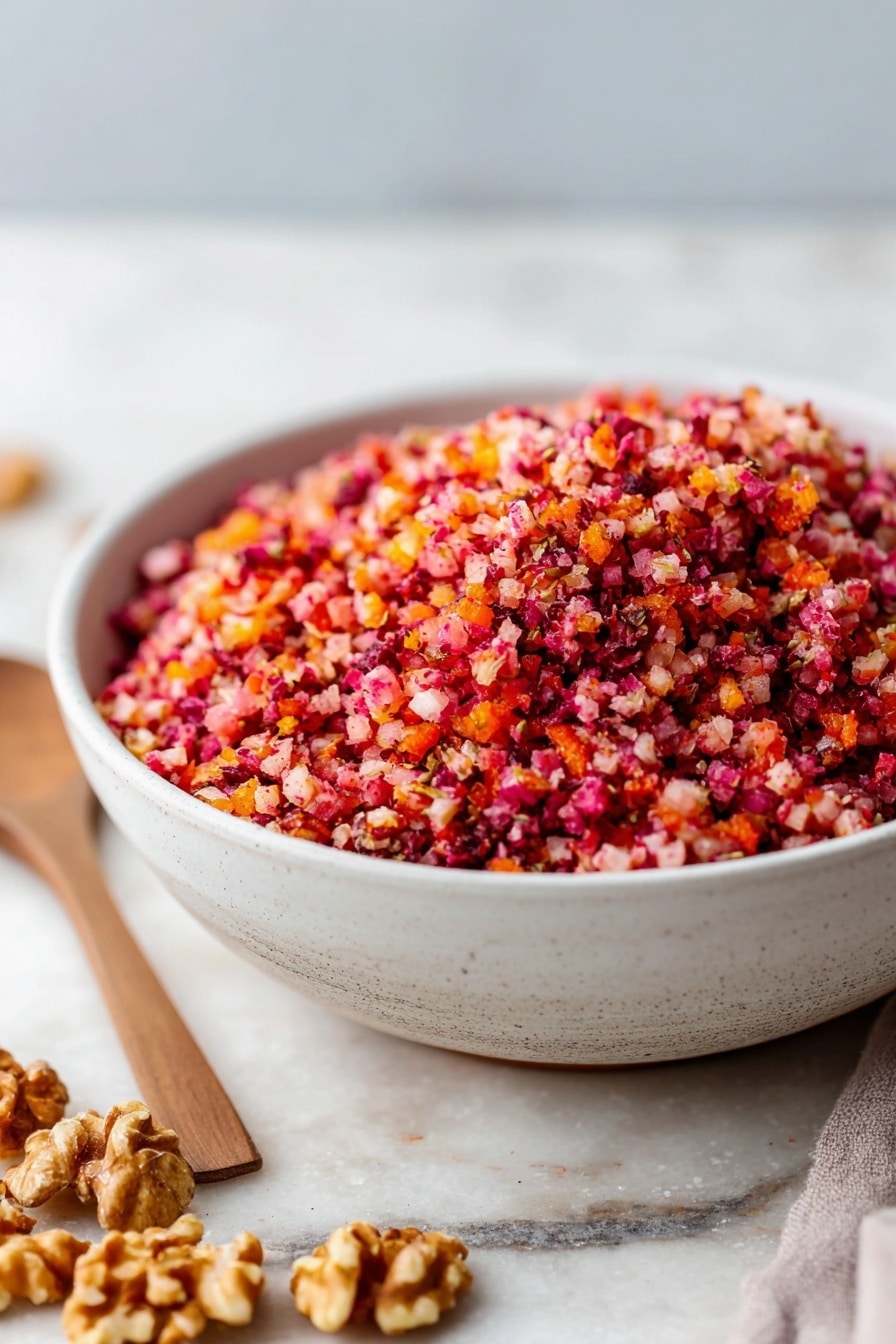 A white bowl filled with a finely chopped mixture of small red, pink, orange, and white bits, creating a colorful, textured salad-like dish. The mixture looks moist and fresh, with a spoon placed inside the bowl on the right side. Around the base of the bowl are some shelled walnuts resting on a white marbled surface. The overall look is vibrant and inviting, showing a natural blend of fruits or vegetables and nuts. Photo taken with an iphone --ar 2:3 --v 7 - Cranberry Orange Relish, holiday cranberry relish, festive citrus cranberry sauce, easy cranberry orange side dish, flavorful Thanksgiving relish