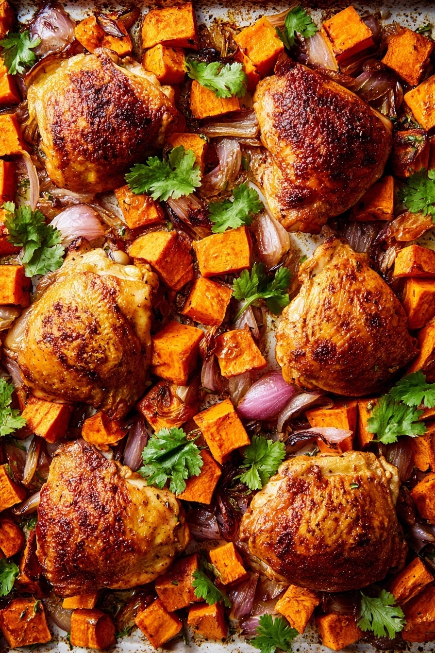 The dish shows a single golden-brown piece of roasted chicken with a slightly crispy skin sprinkled with small chili flakes and herbs, placed at the center of a white plate. Surrounding half of the chicken are cubed roasted sweet potatoes with a caramelized orange color and some charred edges, mixed with few roasted fennel wedges with slight browning. On the other side of the plate, there is a small pile of fresh green leafy salad with different shades of green and purple leaves, giving a fresh contrast to the warm roasted items. A silver spoon rests on the right side of the plate partially under the sweet potato cubes. The background is a white marbled texture. photo taken with an iphone --ar 2:3 --v 7 - Sheet-Pan Miso Chicken & Sweet Potatoes, easy miso chicken dinner, sheet pan chicken and sweet potatoes, healthy weeknight meal, flavorful roasted chicken