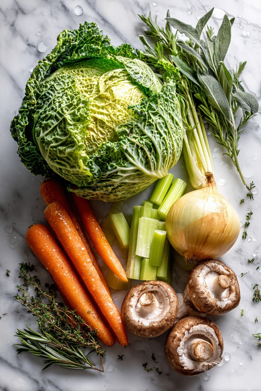Flat lay of a large green cabbage head, bright orange peeled carrots cut into thirds, fresh pale green celery stalks quartered, a small yellow onion quartered, vibrant sprigs of rosemary, thyme, sage, and parsley scattered around, and a cluster of light brown cremini mushrooms, all beautifully arranged with glistening droplets as if freshly washed, placed on a white marble surface, photo taken with an iphone --ar 2:3 --v 7 - Whole Roasted Cabbage with Herb Gravy, roasted cabbage recipe, vegetable roast with herb gravy, hearty vegetarian cabbage dish, easy cabbage roast recipe