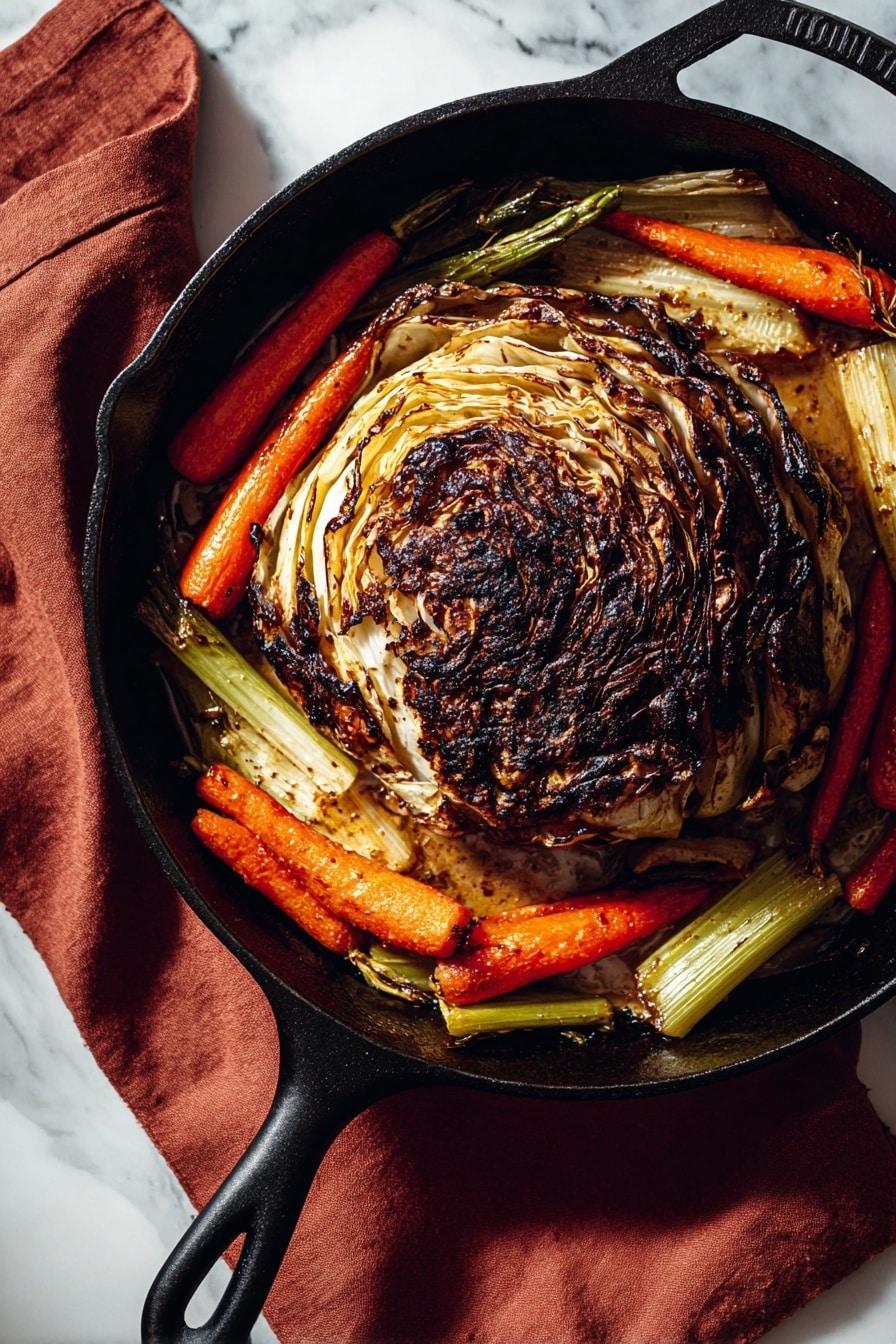 The image shows a round head of roasted cabbage with dark brown, crispy, and slightly charred outer leaves, sitting in the middle of a black cast iron pan. Around the cabbage, there are thick pieces of cooked orange carrots and pale green celery sticks with a soft texture and slight browning. The pan rests on a rust-colored cloth, all placed on a white marbled surface. The scene highlights rich colors and textures from the roasted vegetables and cabbage skin, making it look warm and hearty. photo taken with an iphone --ar 2:3 --v 7 - Whole Roasted Cabbage with Herb Gravy, roasted cabbage recipe, vegetable roast with herb gravy, hearty vegetarian cabbage dish, easy cabbage roast recipe
