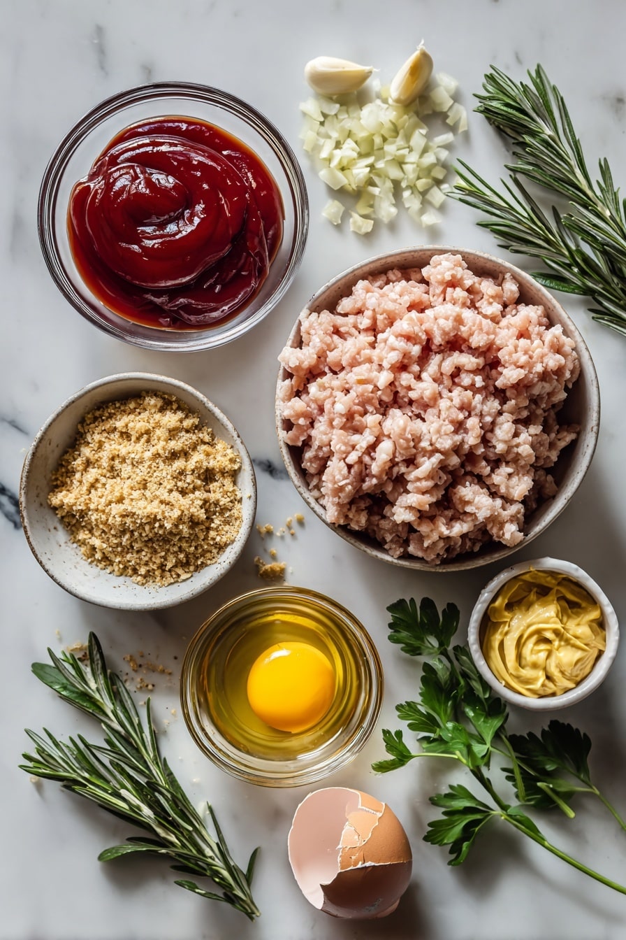 Flat lay of finely chopped yellow onion, peeled garlic cloves, fresh rosemary sprigs, bright green parsley leaves, raw ground turkey, fine bread crumbs, a beaten egg in a small puddle, a small pile of light brown sugar, and a dollop of glossy red ketchup, all beautifully arranged with natural light highlighting their colors and textures, placed on a white marble surface, photo taken with an iphone --ar 2:3 --v 7 - Air Fryer Turkey Meatloaf, turkey meatloaf with ketchup brown sugar glaze, healthy air fryer recipes, quick weeknight dinner ideas, easy turkey meatloaf