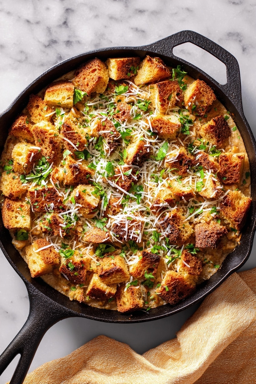 This image shows a black cast iron pan filled with a baked dish that has three main layers. The bottom layer is a creamy brown sauce that peeks through slightly around the edges. The middle layer is a mix of chopped herbs in green scattered over the sauce. The top layer is a thick cover of golden brown toasted bread cubes with some darker browned edges, giving a crunchy texture. On top of the bread are fine shreds of white cheese spread evenly. The pan sits on a white marbled surface with a beige cloth to the right. Photo taken with an iphone --ar 2:3 --v 7 - Garlic Bread-Topped Chicken Pot Pie, chicken pot pie with garlic bread topping, easy chicken pot pie recipe, comforting chicken pie, crispy garlic bread chicken pie