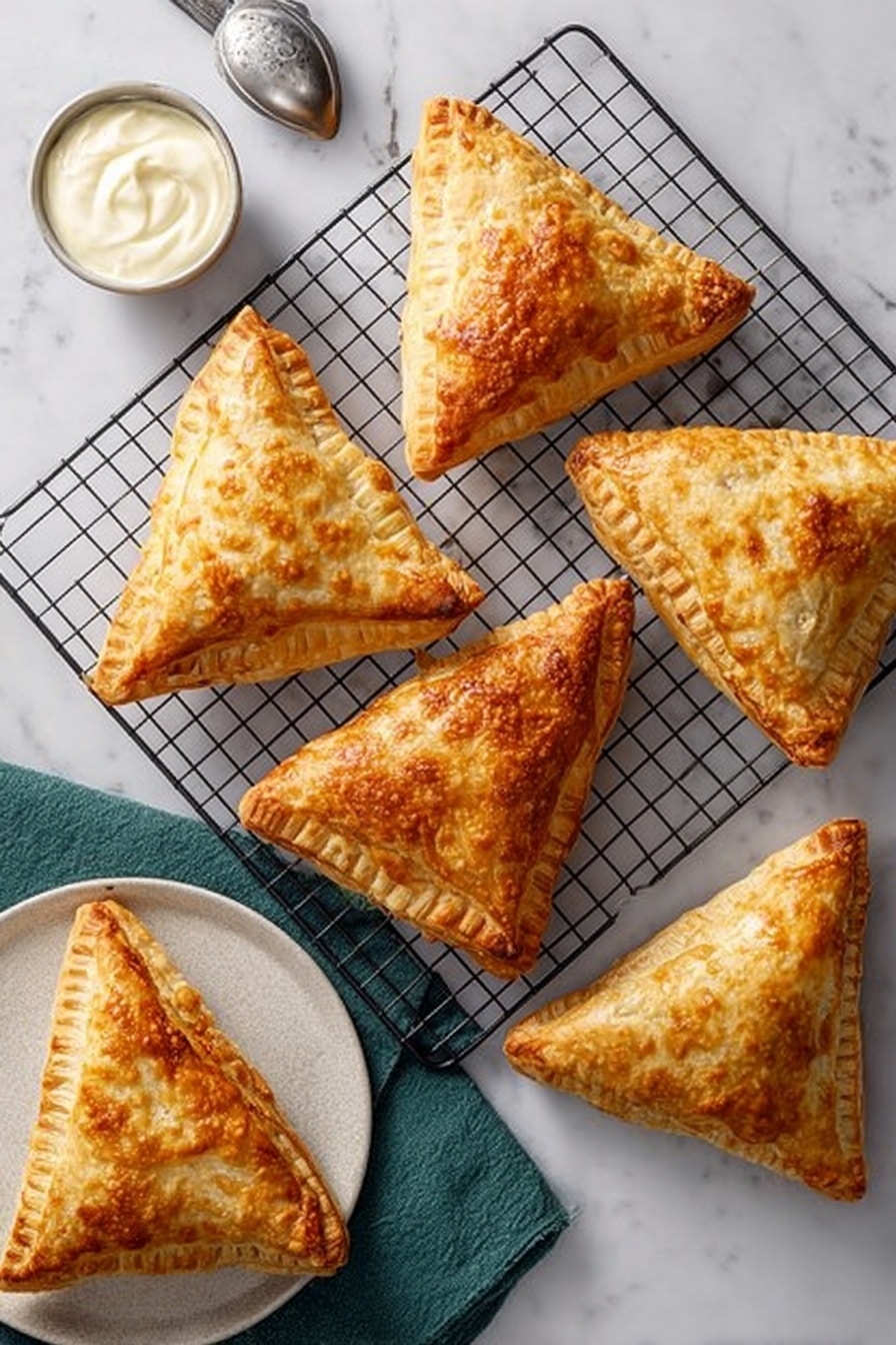 The image shows six golden brown triangular pastries with a crispy, flaky texture placed on a cooling rack above a white marbled surface. Five pastries are on the rack with their slightly puffed, browned tops visible, while one pastry is on a white plate with a green cloth underneath, partially cut off at the edge. In the top left corner, a small container of white creamy dip and a silver ice cream scooper rest near the plate. The pastries have a layered crust with some uneven browning and crimped edges on the sides. Photo taken with an iphone --ar 2:3 --v 7 - Apple Turnovers, apple turnovers recipe, homemade apple turnovers, easy apple turnovers, flaky apple turnovers