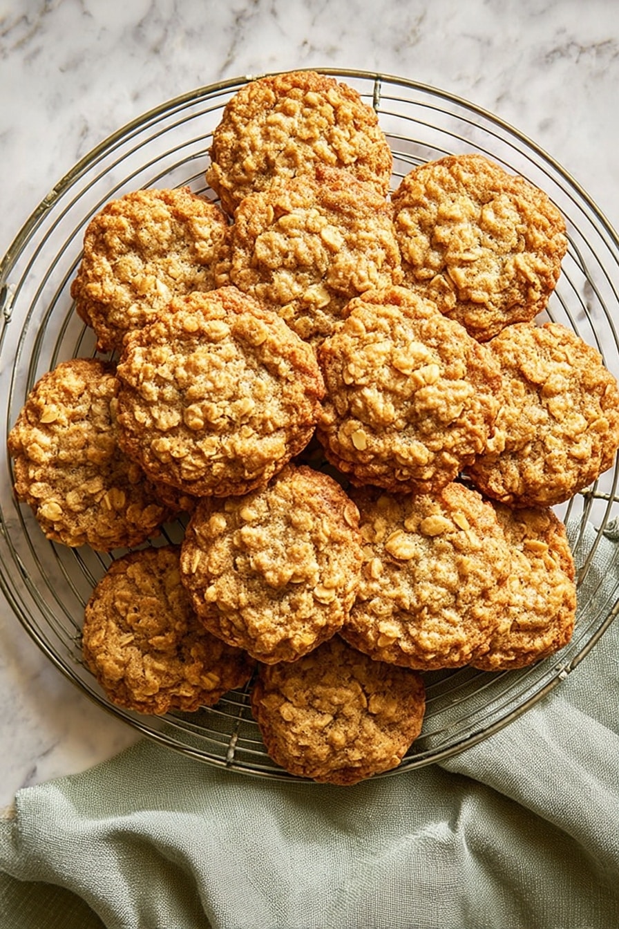 A round metal cooling rack holds a loosely stacked pile of about fifteen golden brown oatmeal cookies with rough textured tops, showing bits of oats and small pieces of nuts or fruit. The cookies have a slightly uneven round shape and a crunchy appearance with some darker toasted spots. The cooling rack stands on a white marbled surface, with a folded gray-green cloth partially visible underneath the rack on the lower right side of the image. photo taken with an iphone --ar 2:3 --v 7 - Apple Oatmeal Cookies, chewy oatmeal apple cookies, healthy apple cookies, fall cookie recipes, easy apple cookies