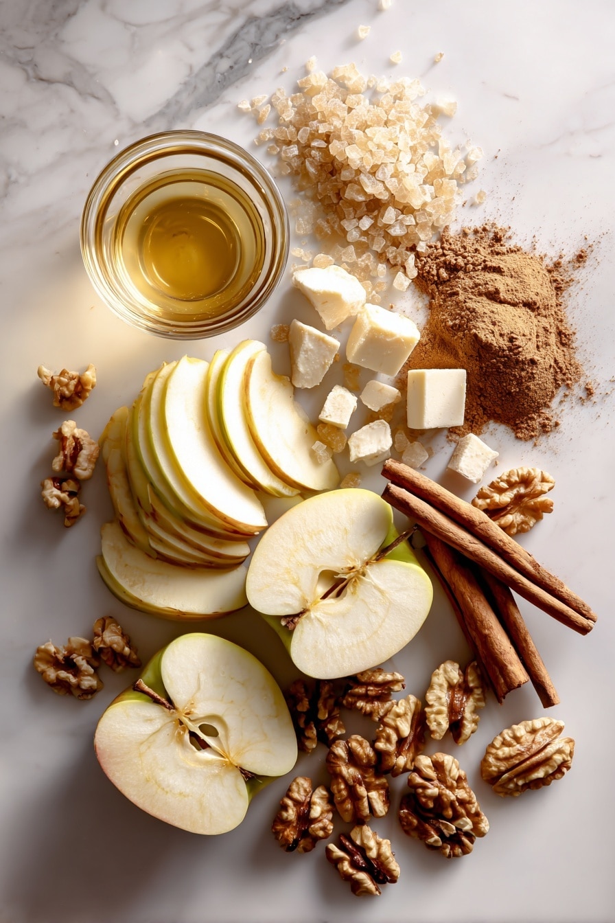 Flat lay of three large peeled and sliced tart apples, a small pile of light brown sugar crystals, a glass of golden apple cider, a heap of warm brown ground cinnamon, a pinch of ground nutmeg and ground ginger, a few chunks of creamy butter, and a scattering of walnut halves, all beautifully arranged in clusters to show texture and color contrast, placed on a white marble surface, photo taken with an iphone --ar 2:3 --v 7 - Baked Apple, baked apple dessert, easy baked apple recipe, cozy apple dessert, comforting baked apple