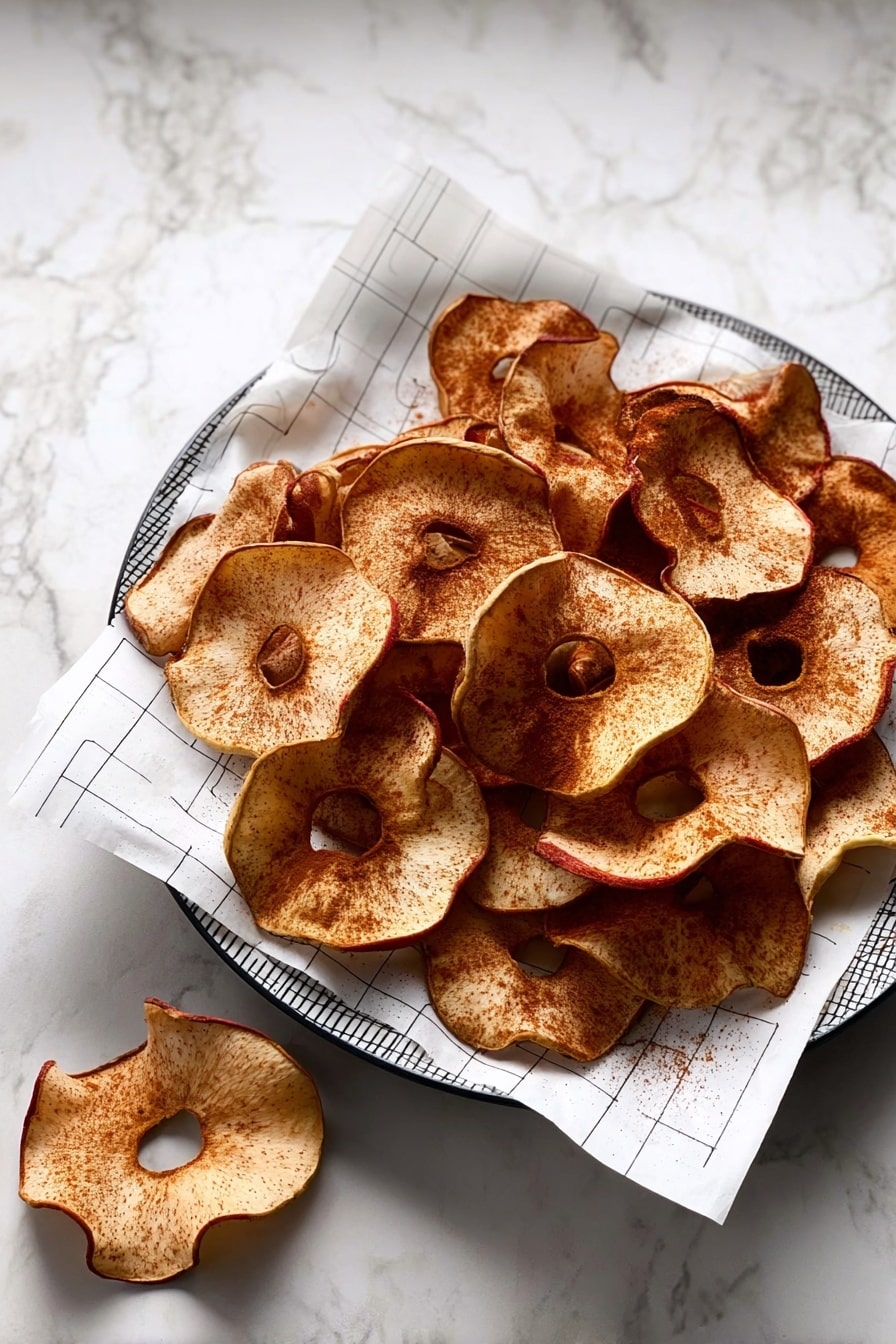 A group of thin, round apple slices are spread out over a piece of brown parchment paper on a white marbled surface. Each apple slice has a central hole, showing the apple core removed, and the slices vary in color from light beige to dark brown, with a speckled cinnamon powder covering most surfaces. Some slices are slightly curled at the edges, adding texture and depth to the arrangement. Two cinnamon sticks lie in the upper right corner on the parchment paper. photo taken with an iphone --ar 2:3 --v 7 - Crispy Air Fryer Apple Chips, healthy apple chips, homemade apple chips, easy air fryer snacks, low-calorie apple snacks