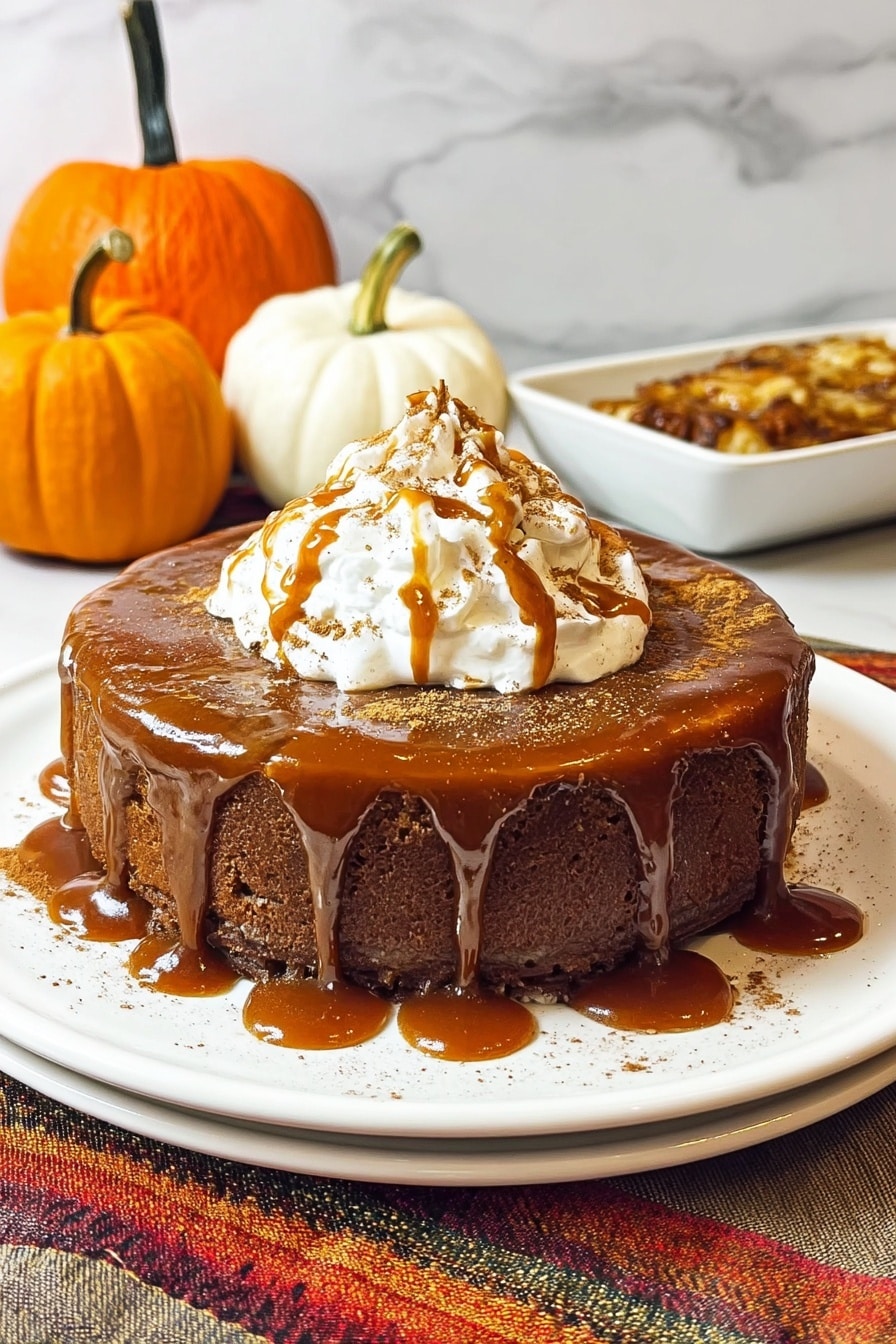 A close-up image of a single slice of pumpkin cake with a moist and soft texture, placed on a white plate with caramel sauce poured on top and drizzled around the slice. The cake slice shows a rich orange color with a slightly crumbly edge. In the background, more of the same cake is visible on a white plate, sitting on a white marbled surface. The scene is bright and warm, suggesting a fresh homemade dessert. photo taken with an iphone --ar 2:3 --v 7 - Slow Cooker Sticky Caramel Pumpkin Cake, pumpkin dessert, fall slow cooker recipes, caramel pumpkin cake, easy pumpkin desserts
