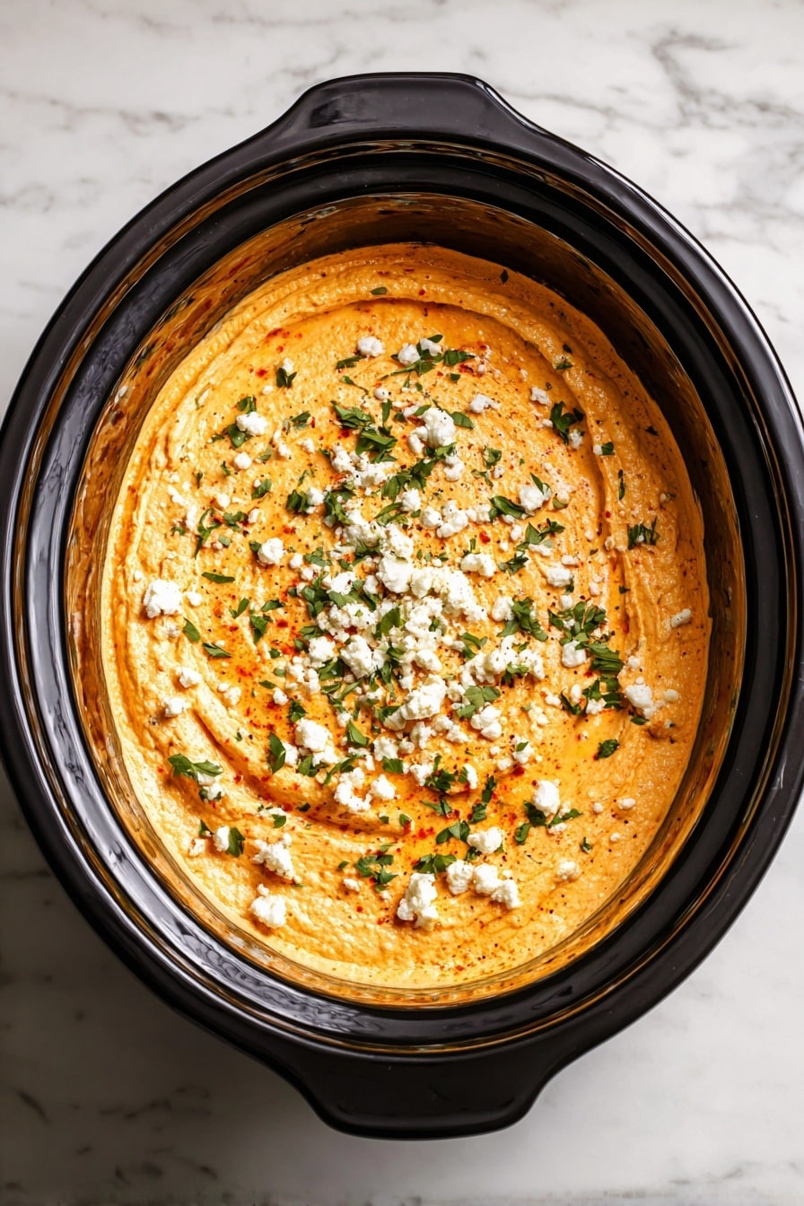 A black slow cooker filled with a thick, creamy dip that is light orange in color, swirled with a smooth texture on top. The dip is sprinkled with small white crumbles and chopped green herbs scattered evenly across the surface. A woman's hand is reaching over the dip, appearing to add some garnish. Behind the slow cooker, there are fresh green celery sticks and pieces of bread on a white marbled surface. photo taken with an iphone --ar 2:3 --v 7 - Crockpot Buffalo Chicken Dip, buffalo chicken dip, slow cooker buffalo chicken, spicy buffalo chicken dip, party buffalo dip
