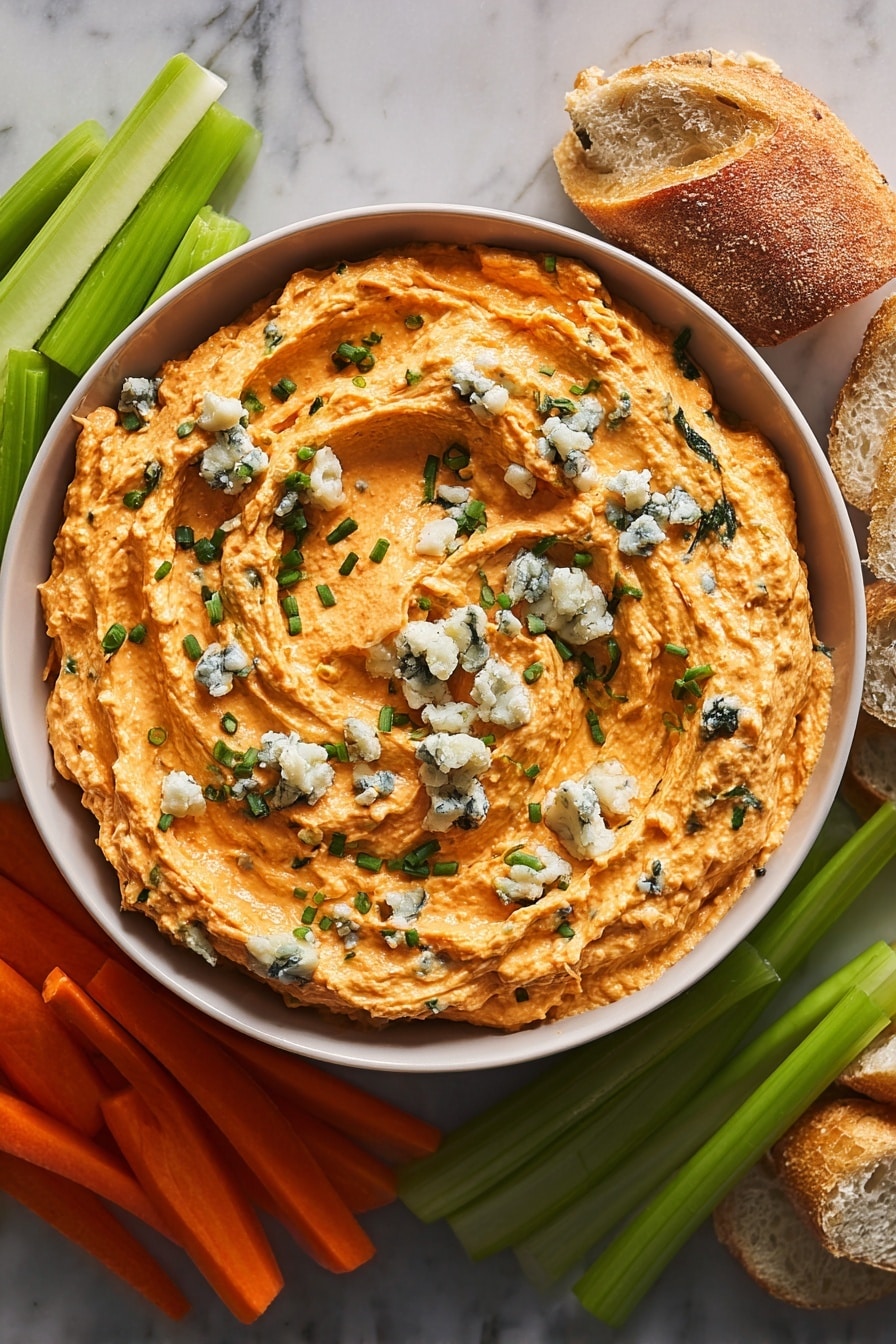 The image shows a close-up of a thick, creamy orange dip in a round white bowl, swirled in a spiral pattern with small chunks and a soft texture. Scattered on top are small pieces of crumbly blue cheese with dark green veins and finely chopped bright green chives. Around the edge of the bowl, partially visible, are fresh vegetable sticks in pale green and orange colors, as well as some pieces of crusty bread. The bowl is placed on a white marbled surface, and the lighting highlights the creamy and slightly uneven texture of the dip. Photo taken with an iphone --ar 2:3 --v 7 - Crockpot Buffalo Chicken Dip, buffalo chicken dip, slow cooker buffalo chicken, spicy buffalo chicken dip, party buffalo dip