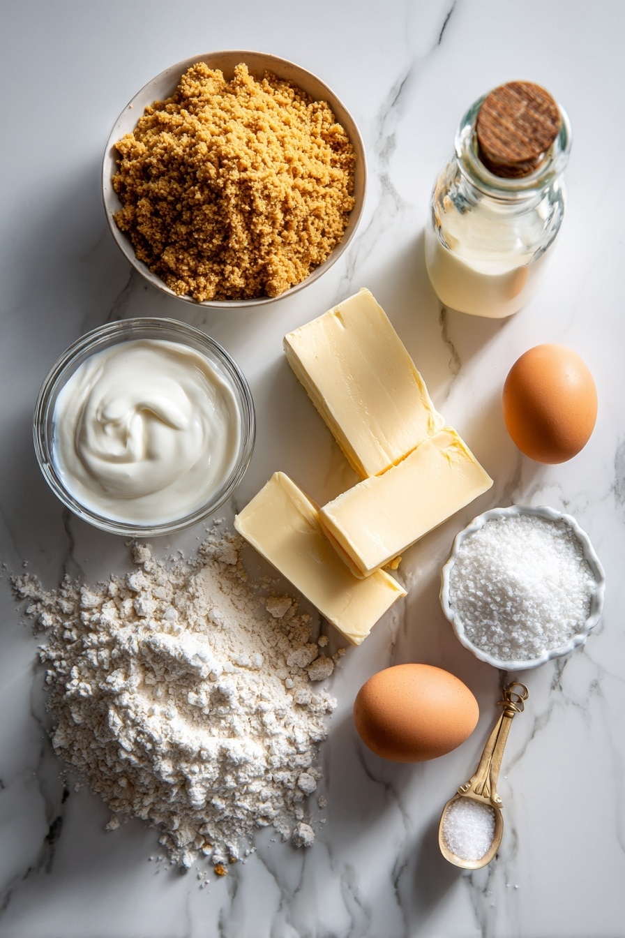 Flat lay of golden graham cracker crumbs, smooth blocks of cream cheese, fresh large eggs, a dollop of thick sour cream, a small mound of white sugar crystals, a pat of melted butter glistening, a tiny heap of light all-purpose flour, and a clear glass bottle of pure vanilla extract, all beautifully arranged on a white marble surface, photo taken with an iphone --ar 2:3 --v 7 - Slow-Cooker Cheesecake, easy cheesecake without oven, creamy slow cooker dessert, no-bake cheesecake recipe,DIY slow cooker desserts