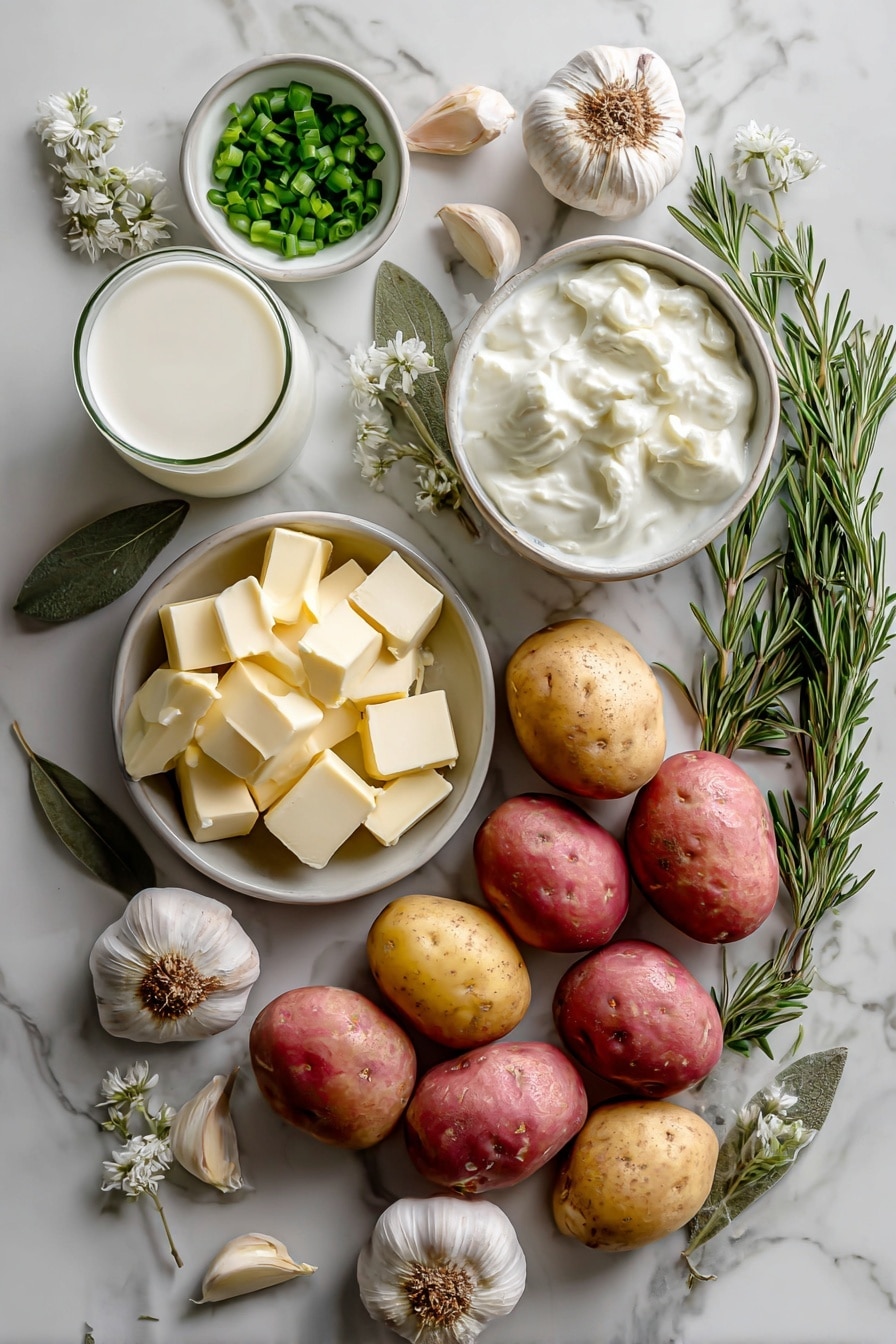 Flat lay of quartered baby potatoes with their smooth, reddish and yellow skins visible, creamy cubes of butter, bright green chopped chives, whole cloves of fresh garlic, a small bowl of thick sour cream, a small glass of milk, scattered dried oregano leaves and rosemary sprigs, all beautifully arranged and spaced evenly, placed on a white marble surface, photo taken with an iphone --ar 2:3 --v 7 - Crockpot Garlic Mashed Potatoes, easy garlic mashed potatoes, slow cooker mashed potatoes, creamy garlic potato recipe, holiday mashed potato side