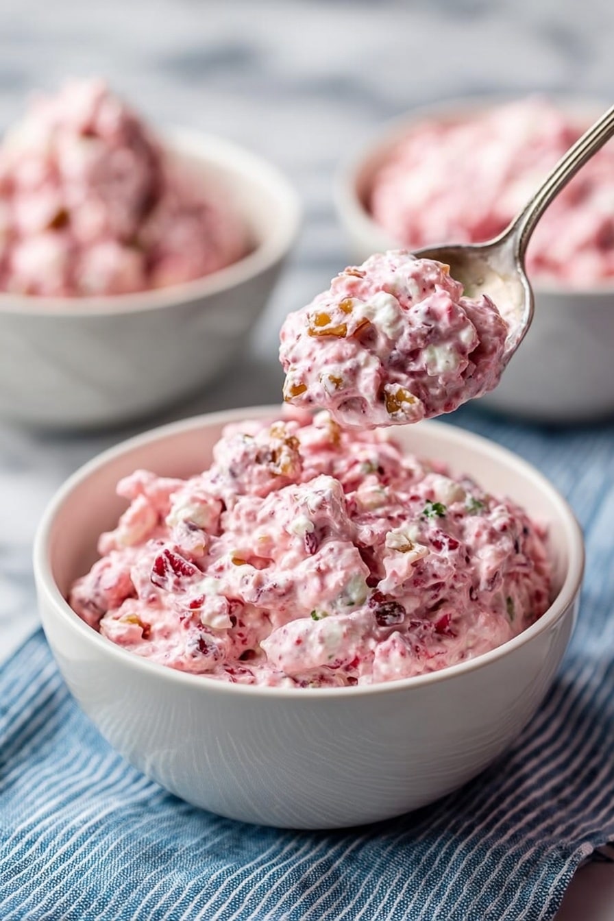 The image shows a white bowl filled with a pink, chunky salad with small pieces of nuts and fruit mixed in, giving it a textured look. A silver spoon holds a scoop of the same salad above the bowl, showing off its creamy, thick consistency with visible bits of fruit and nuts. In the background, there are two other white bowls also filled with this pink salad, sitting on a white marbled surface with a blue and white striped cloth nearby. The salad looks fresh and colorful with pink as the main color and small hints of red and brown from the fruit and nuts. Photo taken with an iphone --ar 2:3 --v 7 - Cranberry Fluff, Cranberry Fluff Dessert, Easy Cranberry Fluff, Holiday Cranberry Fluff, Creamy Fruit Fluff