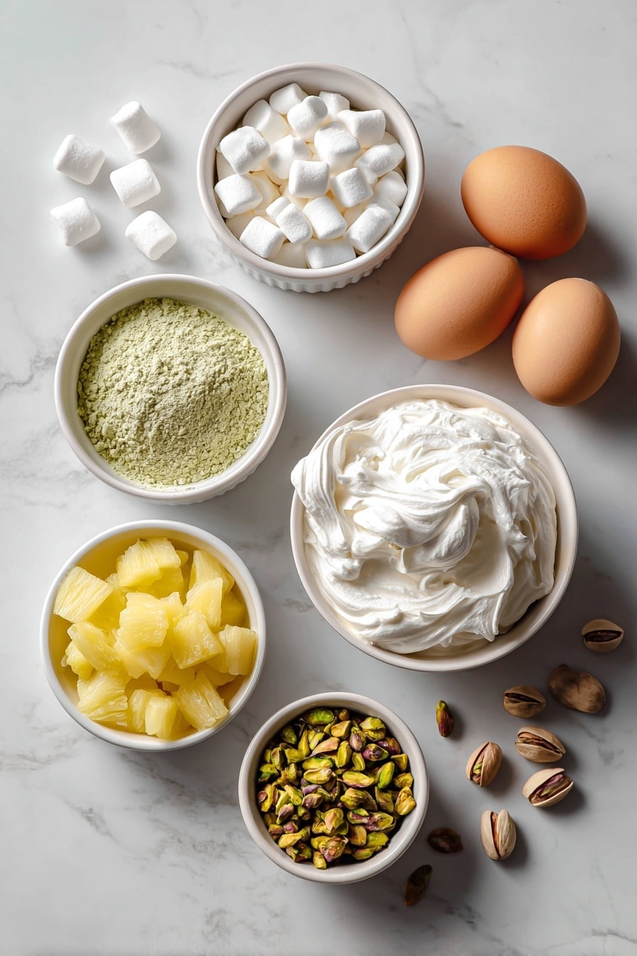 Flat lay of a small white ceramic bowl of fluffy whipped topping, a white ceramic bowl with pale green instant pistachio pudding powder, a few miniature white marshmallows scattered loosely, a small white ceramic bowl filled with bright yellow pineapple tidbits with juice, a small white ceramic bowl holding roughly chopped green pistachios, and three whole brown eggs with clean shells arranged symmetrically, all placed on a clean white marble surface, soft natural light, photo taken with an iPhone, professional food photography style, fresh ingredients, white ceramic bowls, no bottles, no duplicates, no utensils, no packaging --ar 2:3 --v 7 - Pistachio Salad Delicious Easy Light Bright Sweet No-bake