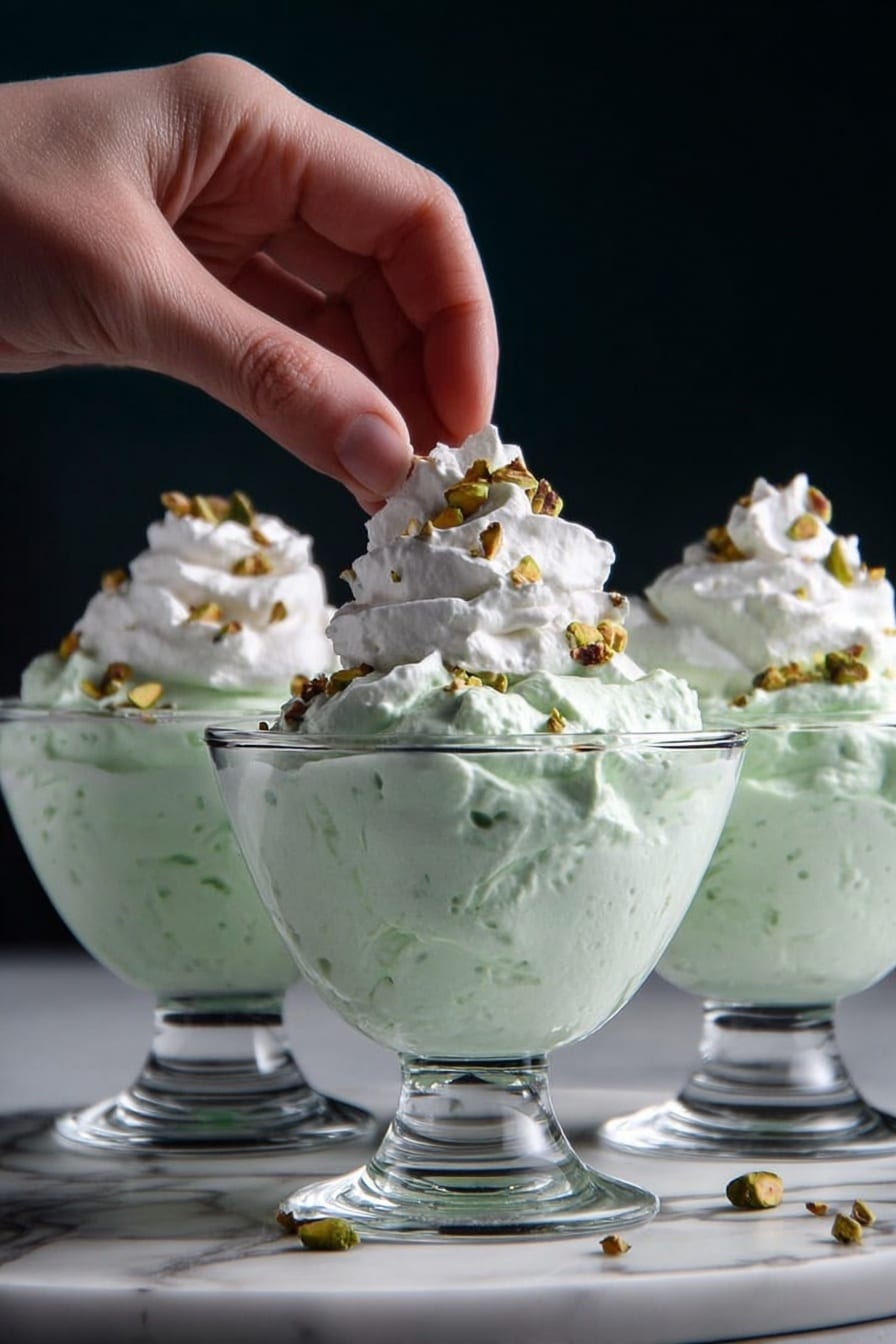 A clear glass bowl filled with a base layer of thick, light green creamy mixture, textured with small lumps and specks, topped with a large swirl of smooth, fresh white whipped cream. Scattered generously over both the green base and the white cream are chopped rough pistachio nuts in various shades of green and brown. The bowl is set on a white marbled surface, and to the side, there is a small white bowl with more pistachio nuts visible inside. Photo taken with an iphone --ar 2:3 --v 7 - Pistachio Salad Delicious Easy Light Bright Sweet No-bake