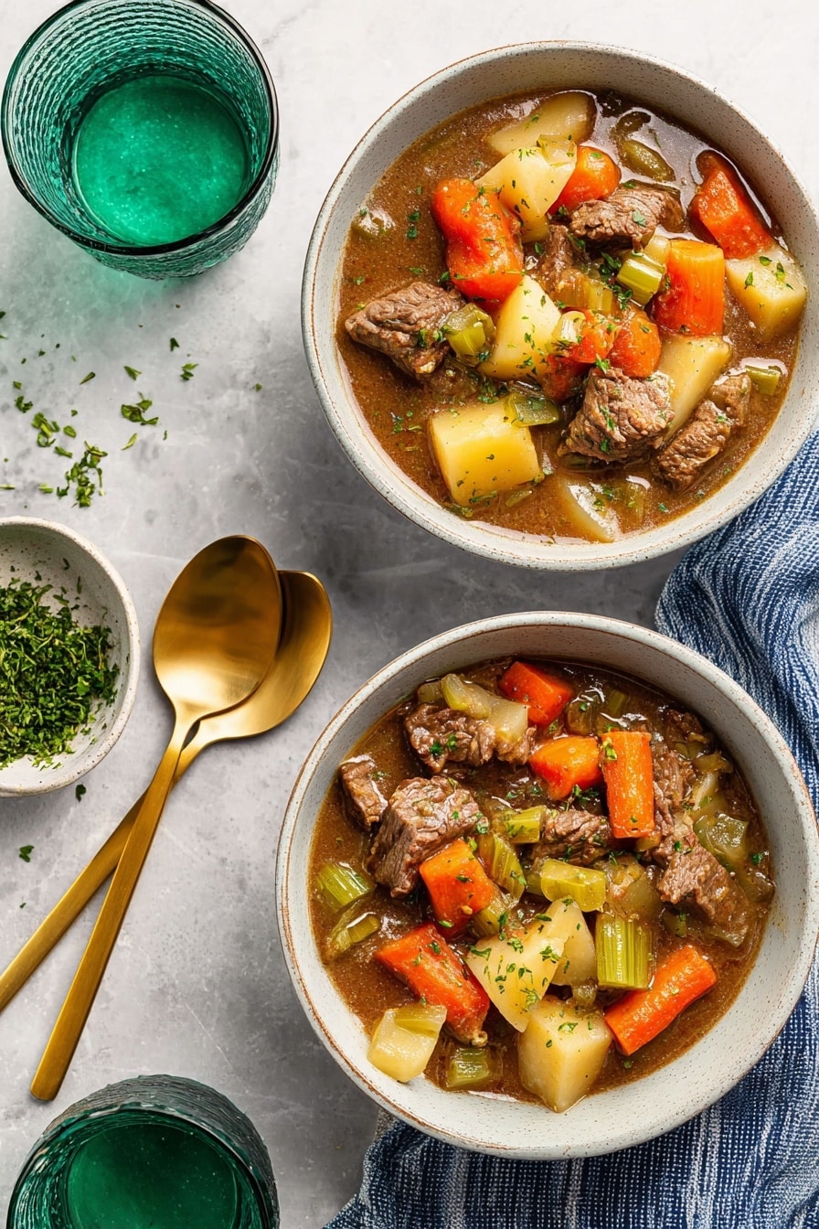 Two white bowls filled with beef stew are placed on a white marbled surface. Each bowl contains visible layers of rich brown beef pieces, bright orange carrot chunks, pale yellow potato cubes, and green celery pieces, all mixed in a thick brown broth sprinkled with small green herbs. Next to the bowls are a pair of shiny golden spoons resting on the surface near a blue and white striped cloth. A small bowl of fresh green herbs and two green-tinted glasses add color to the scene, with natural light highlighting the textures and colors vividly. Photo taken with an iphone --ar 2:3 --v 7 - Apple Cider Beef Stew, hearty beef stew with apple cider, cozy apple cider beef recipe, easy beef stew with apple cider, comfort food beef stew