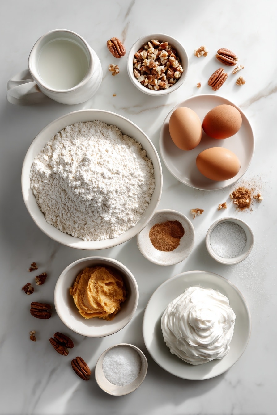 Flat lay of a simple white ceramic bowl filled with fine pie crust mix, a small white bowl with finely chopped pecans, a small white bowl of cold water, three whole uncracked brown eggs, a small white bowl holding smooth mashed sweet potatoes, a small white bowl of thick sweetened condensed milk, a small white bowl containing brownish pumpkin pie spice, a small white bowl with clear vanilla extract, a small white bowl of fine salt, and a dollop of fresh whipped cream topped with a few toasted pecans on simple white ceramic plates, all arranged in perfect symmetry and balanced proportions, placed on a clean white marble surface, soft natural light, photo taken with an iPhone, professional food photography style, fresh ingredients, white ceramic bowls, no bottles, no duplicates, no utensils, no packaging --ar 2:3 --v 7 - Sweet Potato Pie with Condensed Milk, sweet potato pie recipe, creamy sweet potato pie, easy sweet potato dessert, holiday pie recipe