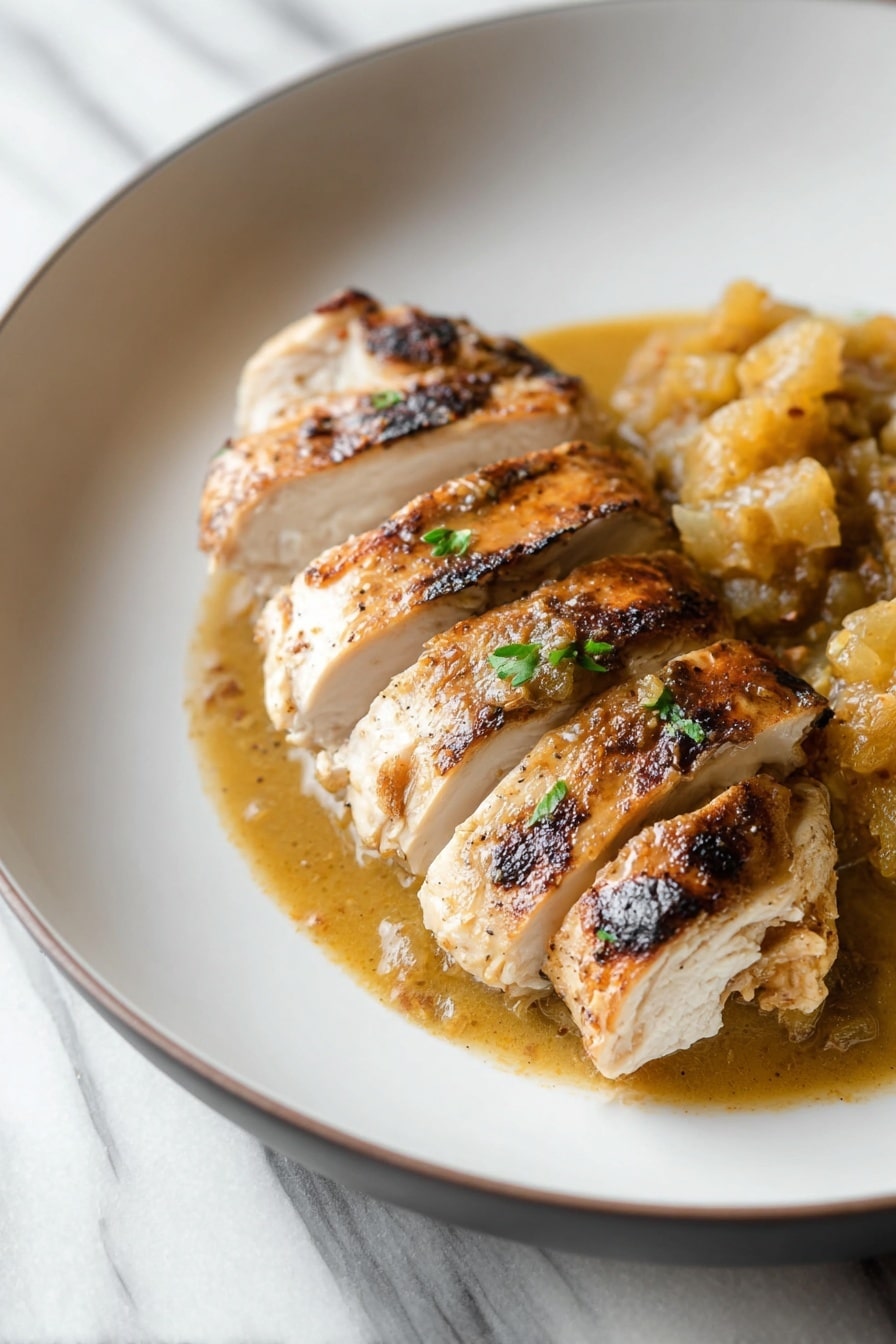A white plate holds a sliced cooked chicken piece with a light brown grilled outer layer and tender white inside, arranged in a slightly angled line. Next to the chicken, there is a chunky yellowish-brown sauce or topping with a soft texture. The plate sits on a white marbled surface. Photo taken with an iphone --ar 2:3 --v 7 - Apple Cider Chicken with Butternut Squash, fall chicken dinner, cozy autumn recipes, healthy chicken recipes, seasonal fall meal