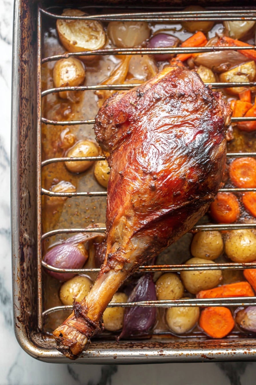 A white plate holds a large, crispy roasted chicken leg with a dark golden brown skin, positioned on the left side. On the right side, there is a mix of roasted vegetables including halved small round potatoes in purple and yellow shades, chunky orange carrot pieces, and small green celery stalks, all with a lightly browned texture. The plate sits on a white marbled surface. Photo taken with an iphone --ar 2:3 --v 7 - Roasted Turkey Legs with Vegetables, Turkey legs recipe, roasted turkey meal, easy turkey dinner, hearty vegetable roast
