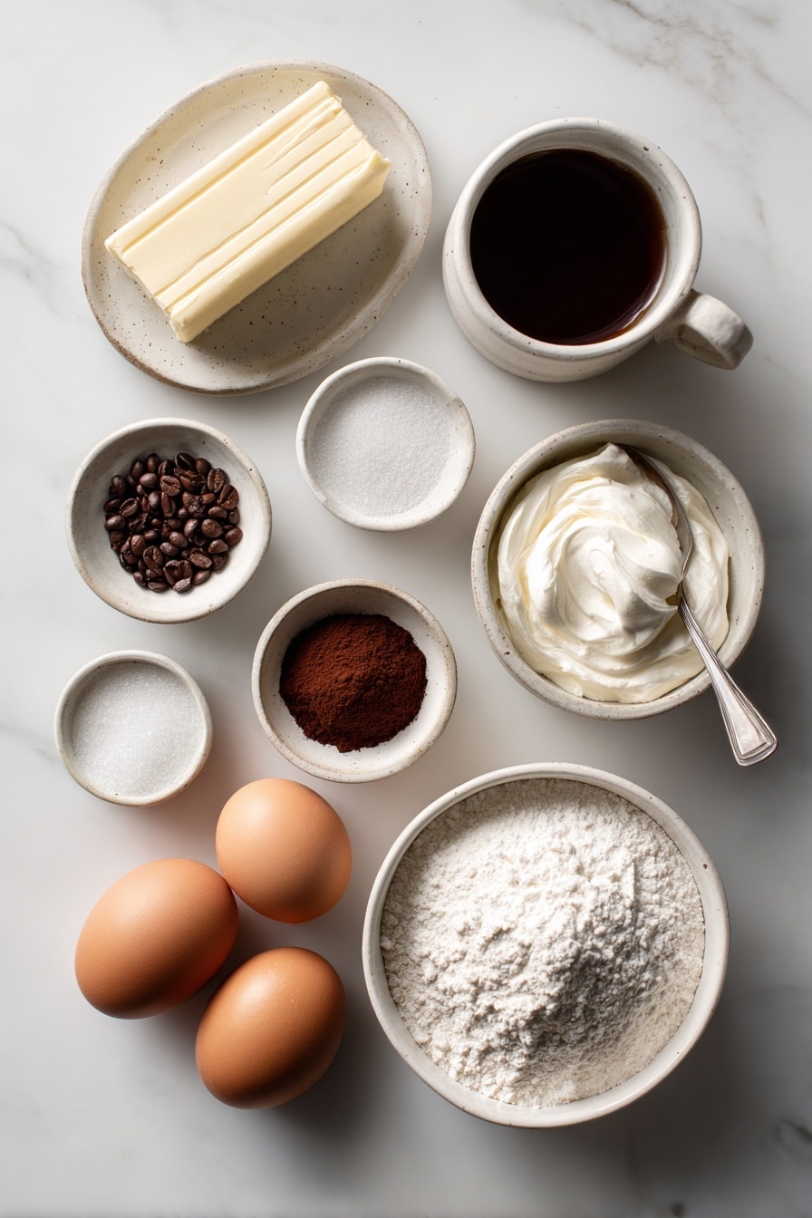 Flat lay of a stick of unsalted butter, a small white ceramic bowl of granulated sugar, two large whole brown eggs with clean shells, a small white ceramic bowl of vanilla extract, a small white ceramic bowl of dark instant coffee granules, a small white ceramic bowl of unsweetened cocoa powder, a small white ceramic bowl of all purpose flour, a small white ceramic bowl of fine salt, a small white ceramic bowl of baking powder, a small white ceramic bowl of powdered sugar, a small white ceramic bowl of heavy whipping cream all arranged in perfect symmetry on a clean white marble surface, soft natural light, photo taken with an iPhone, professional food photography style, fresh ingredients, white ceramic bowls, no bottles, no duplicates, no utensils, no packaging --ar 2:3 --v 7 - Frosted Coffee Brownies, coffee brownies with frosting, chocolate coffee dessert, mocha brownies recipe, fudgy coffee brownies