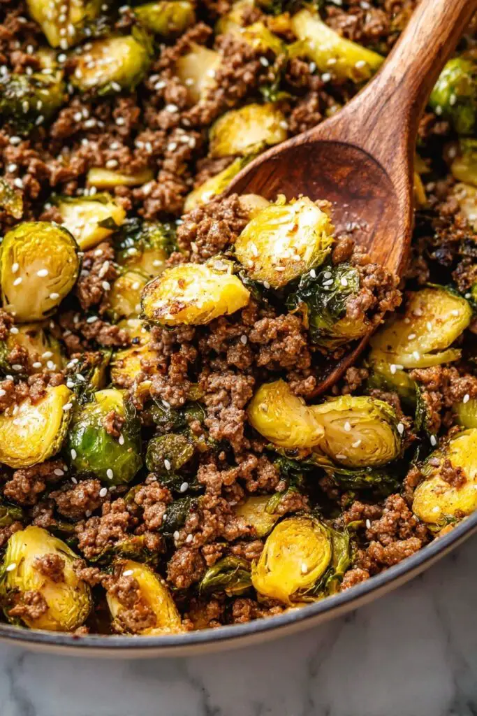 Ground Beef and Brussels Sprouts Stir-Fry with Sweet Chili and Lime Recipe