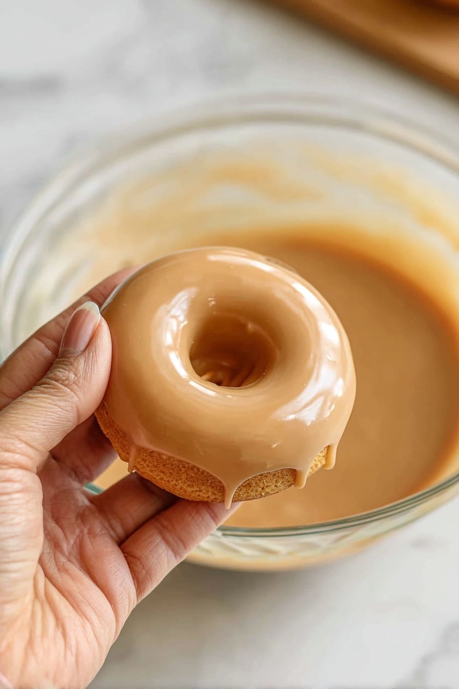 A woman's hand is holding a small donut close to the camera. The donut has a smooth, shiny light brown glaze covering its upper surface, neatly dripping around the sides. The donut's dough underneath is a warm golden brown color, showing just a bit under the glaze. In the background, there is a large clear glass bowl filled with the same light brown glaze, with some glaze marks on its inside edges. The scene is set on a white marbled surface with soft, natural lighting. photo taken with an iphone --ar 2:3 --v 7 - Gluten-Free Pumpkin Donuts, Pumpkin Donuts with Cinnamon Sugar, Pumpkin Donuts with Brown Sugar Glaze, Fall Pumpkin Donut Recipe, Gluten-Free Fall Treats