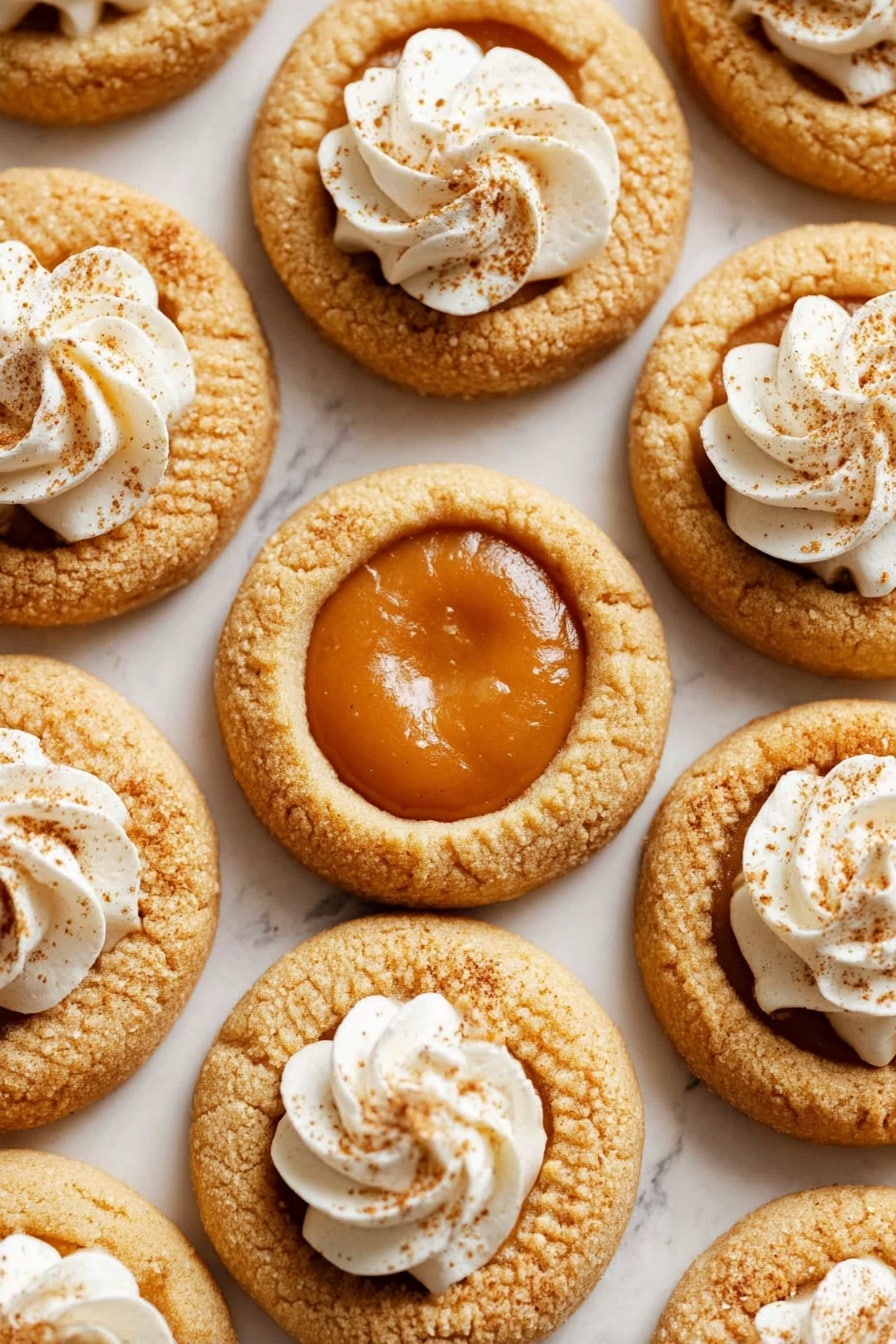 The image shows close-up of round cookies arranged on a white marbled surface. Each cookie has a light golden-brown dough base with a slightly grainy texture and a thick, slightly indented ring around the edges. The center of each cookie is filled with smooth, glossy orange filling. Some cookies are topped with swirls or small dollops of white cream, slightly ridged and piped neatly, with a light sprinkling of brown spice on the cream. The cookies without cream show just the smooth orange filling in the middle. The overall look is warm and inviting with a home-baked feel. Photo taken with an iphone --ar 2:3 --v 7 - Pumpkin Pie Cookies, pumpkin cookies with pie flavor, fall dessert cookies, pumpkin spice cookies, easy pumpkin cookie recipe