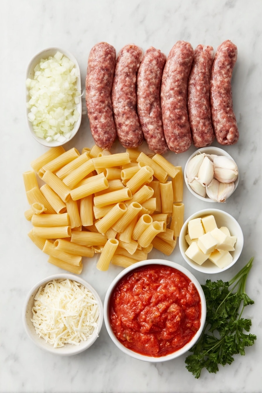 Flat lay of rigatoni pasta arranged neatly, fresh raw Italian sausage links with natural casing, a pile of raw ground beef, a small mound of diced yellow onion, four peeled garlic cloves, a small white bowl filled with bright red marinara sauce, another small white bowl containing crushed tomatoes, a small white bowl with salted butter cubes, a small mound of freshly grated mozzarella cheese, and a few sprigs of fresh green parsley, all placed on a clean white marble surface, soft natural light, photo taken with an iPhone, professional food photography style, fresh ingredients, white ceramic bowls, no bottles, no duplicates, no utensils, no packaging --ar 2:3 --v 7 --p awthu7i m7354615311229779997 - Baked Rigatoni with Italian Sausage, Ground Beef, and Mozzarella, hearty pasta bake, Italian sausage pasta, baked pasta recipes, family dinner ideas, cheesy pasta casserole