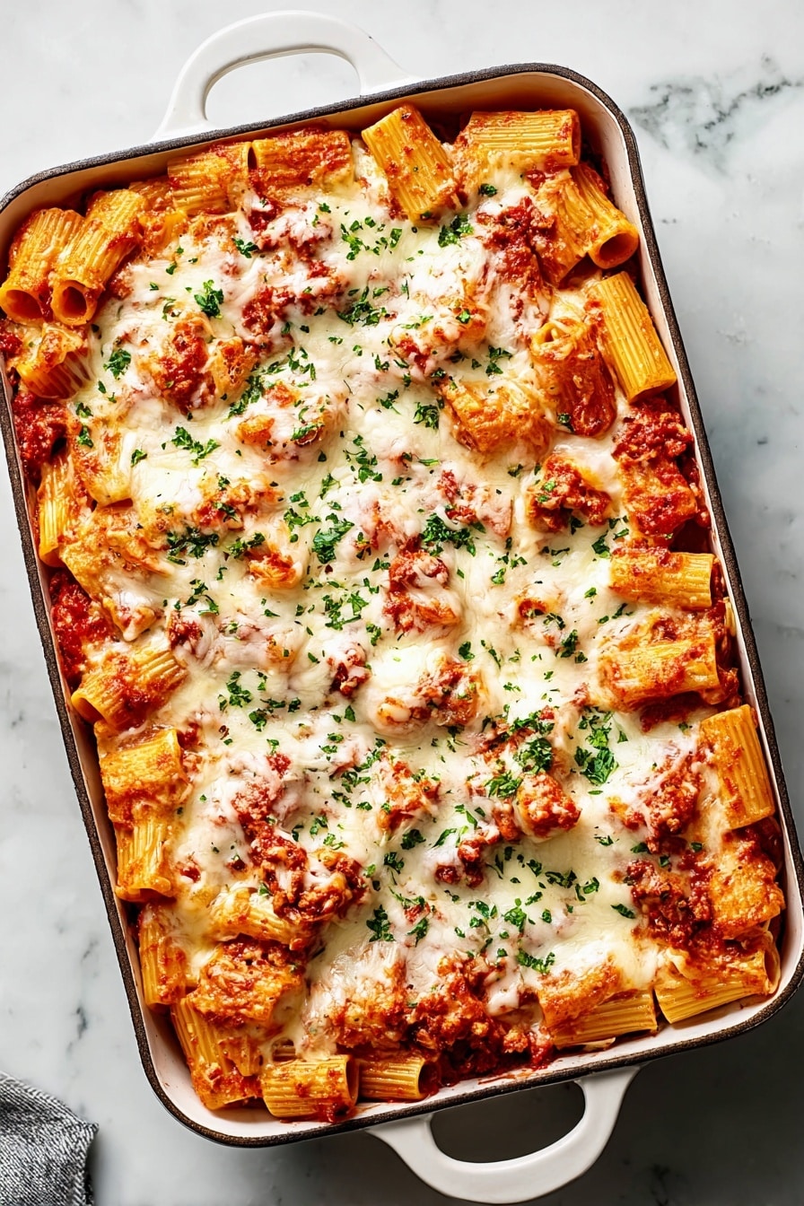 The dish shows a large rectangular white baking pan filled with baked pasta. The top layer has rigatoni pasta tubes covered in melted white cheese with a light golden brown texture. The pasta is mixed with red tomato sauce and small pieces of cooked meat, scattered evenly across the surface. Fresh green herb bits are sprinkled on top, adding color contrast. The pan sits on a white marbled surface, with a round spoon and a small bowl of green herbs nearby. The photo taken with an iphone --ar 2:3 --v 7 - Baked Rigatoni with Italian Sausage, Ground Beef, and Mozzarella, hearty pasta bake, Italian sausage pasta, baked pasta recipes, family dinner ideas, cheesy pasta casserole