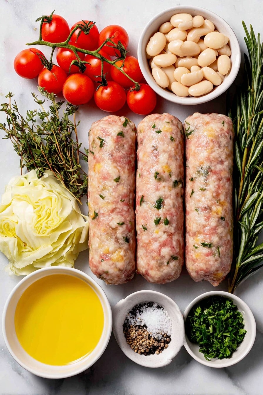 Flat lay of ground Italian chicken sausage links, a handful of bright red cherry tomatoes on the vine, a small heap of roughly chopped pale green cabbage, two whole garlic bulbs with several thinly sliced cloves, a small white ceramic bowl of white cannellini beans, fresh green thyme sprigs, a small white ceramic bowl with golden extra-virgin olive oil, a small white ceramic bowl of clear chicken stock, a small white ceramic bowl of coarse kosher salt, a small white ceramic bowl of freshly cracked black pepper, and a small pile of chopped fresh Italian parsley, all arranged in perfect symmetry and balanced proportions on a clean white marble surface, soft natural light, photo taken with an iPhone, professional food photography style, fresh ingredients, white ceramic bowls, no bottles, no duplicates, no utensils, no packaging --ar 2:3 --v 7 --p awthu7i m7354615311229779997 - Sausage, Cabbage and White Bean Skillet, hearty weeknight dinner, one-pan sausage and cabbage, healthy skillet recipes, easy sausage casserole