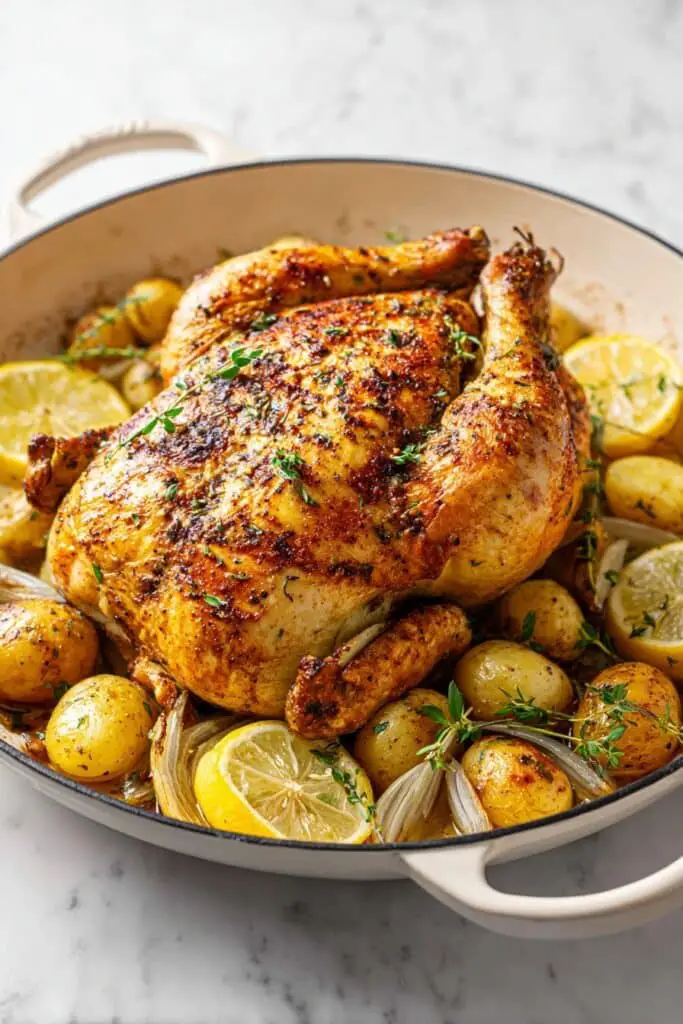 Whole Roast Chicken with Potatoes, Leeks, and Tarragon Mustard Sauce Recipe