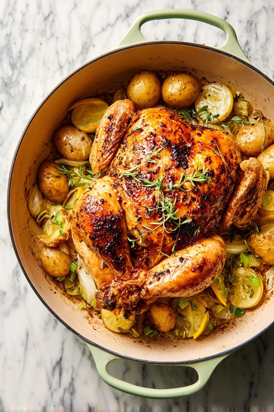 The image shows a white plate filled with six cooked chicken pieces that are golden brown with crispy skin and some herbs on top. Under the chicken, there are small round potatoes and sliced light yellow onions spread evenly, mixed with green herbs. The plate is placed on a green and white striped cloth on a white marbled surface. On the right side of the plate, there is a large knife and a fork with wooden handles resting on the surface. The colors of the food are warm tones of golden brown, yellow, light green, and beige. photo taken with an iphone --ar 2:3 --v 7 - Whole Roast Chicken with Potatoes, Leeks, and Tarragon Mustard, Roast Chicken with Potatoes and Tarragon Mustard, Easy Roast Chicken Dinner, One-Pan Roast Chicken, Comforting Roast Chicken Meal