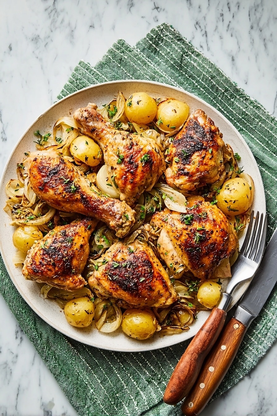A whole roasted chicken with golden-brown, slightly charred skin covered in a shiny glaze sits in the center of a white pot. The chicken is garnished with small green herb leaves on top. Around the chicken, there are small, light brown potatoes and thin slices of lemon with pale yellow rings, mixed with light green and white chopped vegetables that look soft and cooked. The inside of the pot is cream-colored, and the pot itself has a light green handle. The background is a white marbled surface. Photo taken with an iphone --ar 2:3 --v 7 - Whole Roast Chicken with Potatoes, Leeks, and Tarragon Mustard, Roast Chicken with Potatoes and Tarragon Mustard, Easy Roast Chicken Dinner, One-Pan Roast Chicken, Comforting Roast Chicken Meal