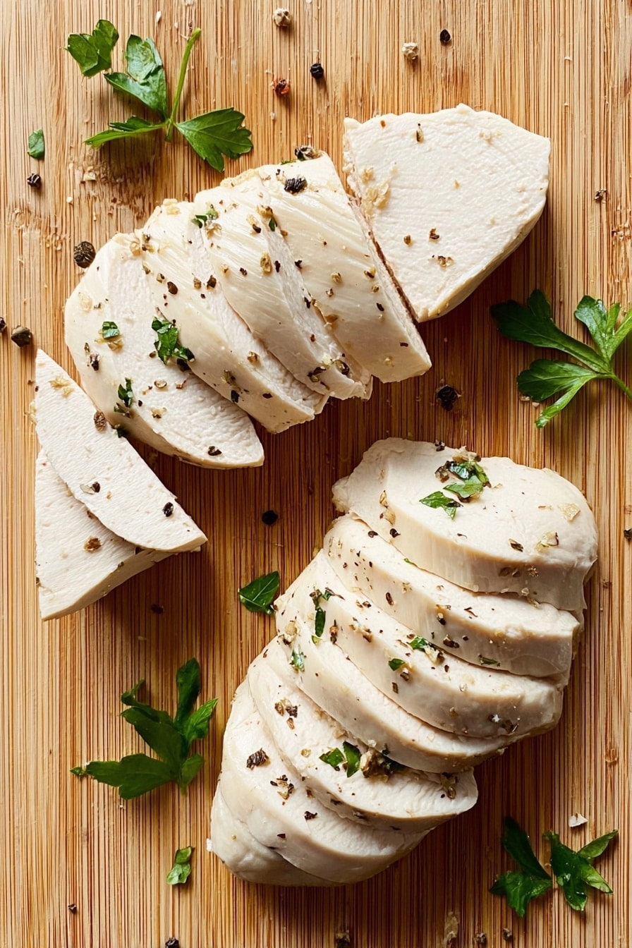 A white plate holds a sliced cooked white chicken piece, cut into seven even pieces placed in a row, sitting in light yellow broth. The chicken is sprinkled with black pepper and small green herb bits. Fresh green parsley leaves are placed around and on top of the chicken, adding a pop of color. The surface beneath the plate is white marbled texture. Photo taken with an iphone --ar 2:3 --v 7 - Perfect Poached Chicken, juicy chicken breast recipe, tender poached chicken, healthy chicken dinner, easy chicken cooking method