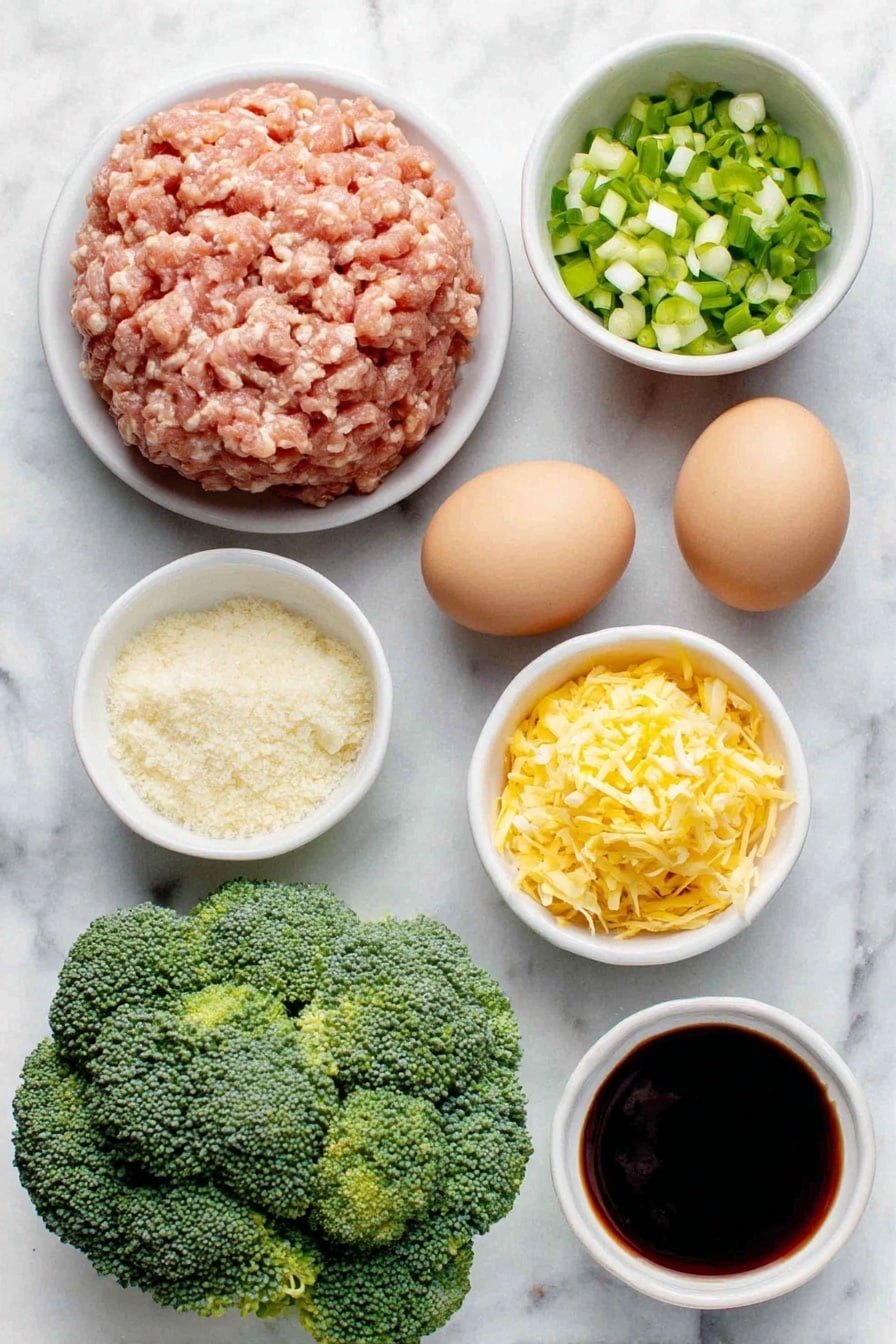 Flat lay of ground chicken in a mound, four whole brown eggs with clean shells, a small white bowl of grated fresh ginger, a small white bowl of minced garlic cloves, a small white bowl of panko breadcrumbs, chopped green onions with white and green parts, a small white bowl of salt, fresh broccoli florets, a small white bowl of glossy homemade teriyaki sauce, placed on a clean white marble surface, soft natural light, photo taken with an iPhone, professional food photography style, fresh ingredients, white ceramic bowls, no bottles, no duplicates, no utensils, no packaging --ar 2:3 --v 7 --p awthu7i m7354615311229779997 - Freezer Teriyaki Chicken Meatballs, Teriyaki Chicken Meatballs, Make-Ahead Dinner, Healthy Meal Prep, Freezer-Friendly Meatball Recipe