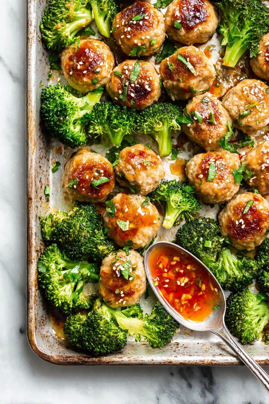 The image shows a baking tray filled with round, golden brown meatballs that have a slightly crispy texture on top. Around and between the meatballs are bright green broccoli florets that look cooked but still fresh and slightly firm. Some meatballs have a shiny glaze on top with sesame seeds and chopped herbs sprinkled over everything. In the bottom right corner of the tray, a silver spoon holds some red-orange sauce with visible small bits of garlic or chili. The tray rests on a white marbled surface. photo taken with an iphone --ar 2:3 --v 7 - Freezer Teriyaki Chicken Meatballs, Teriyaki Chicken Meatballs, Make-Ahead Dinner, Healthy Meal Prep, Freezer-Friendly Meatball Recipe