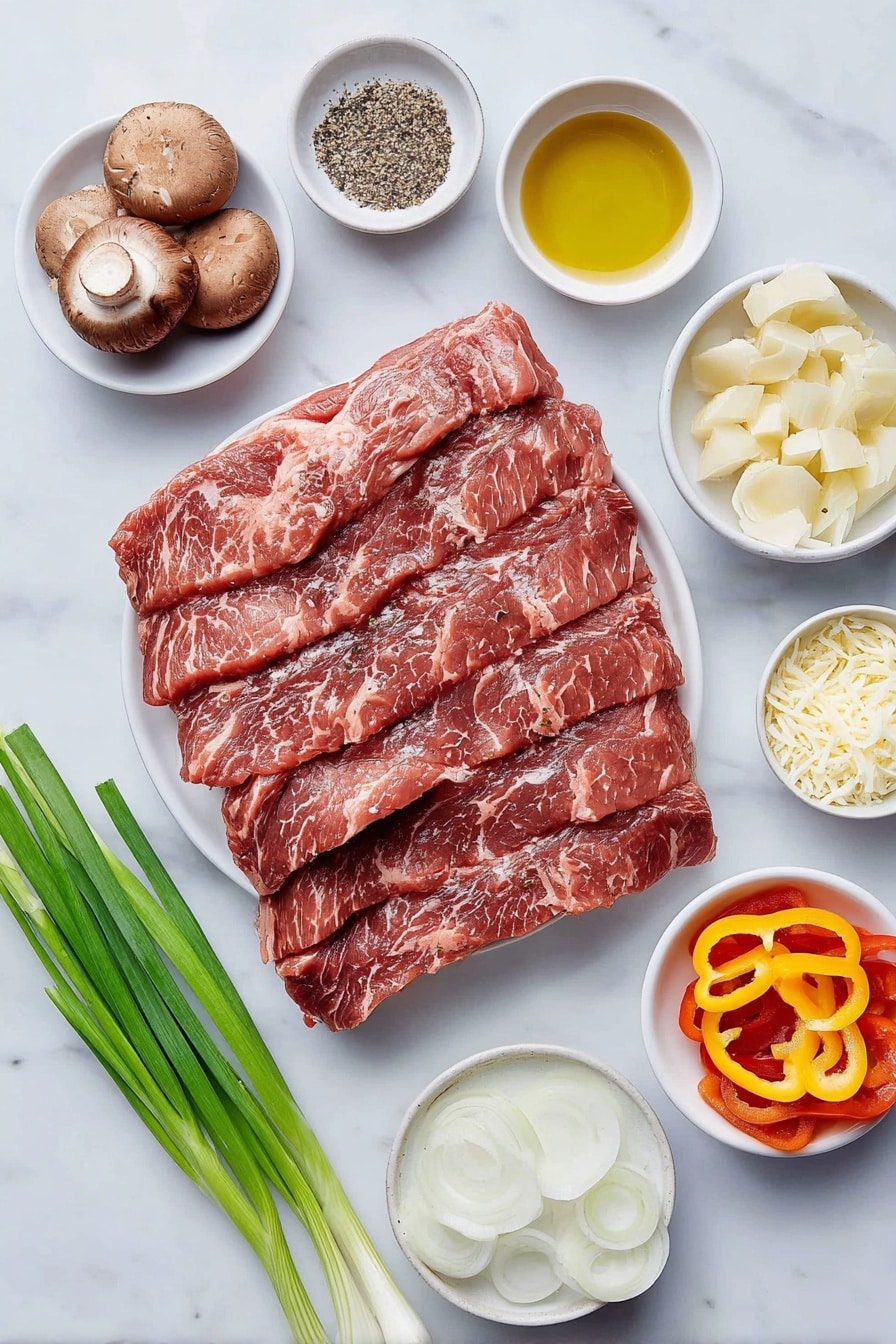Flat lay of very thinly sliced raw rib eye steak, quartered fresh brown mushrooms, a medium yellow onion sliced thin, green bell pepper sliced thin, red bell pepper sliced thin, whole garlic cloves peeled, small white bowl with extra-virgin olive oil, small white bowl with kosher salt, small white bowl with freshly cracked black pepper, small white bowl with shredded mozzarella cheese, small white bowl with grated Parmesan cheese, a few whole green onions placed neatly, all arranged with perfect symmetry on simple white ceramic plates and bowls placed on a clean white marble surface, soft natural light, photo taken with an iPhone, professional food photography style, fresh ingredients, white ceramic bowls, no bottles, no duplicates, no utensils, no packaging --ar 2:3 --v 7 --p awthu7i m7354615311229779997 - Cheesesteak Skillet, Philly cheesesteak dinner, quick cheesesteak recipe, easy skillet steak, cheesy beef skillet