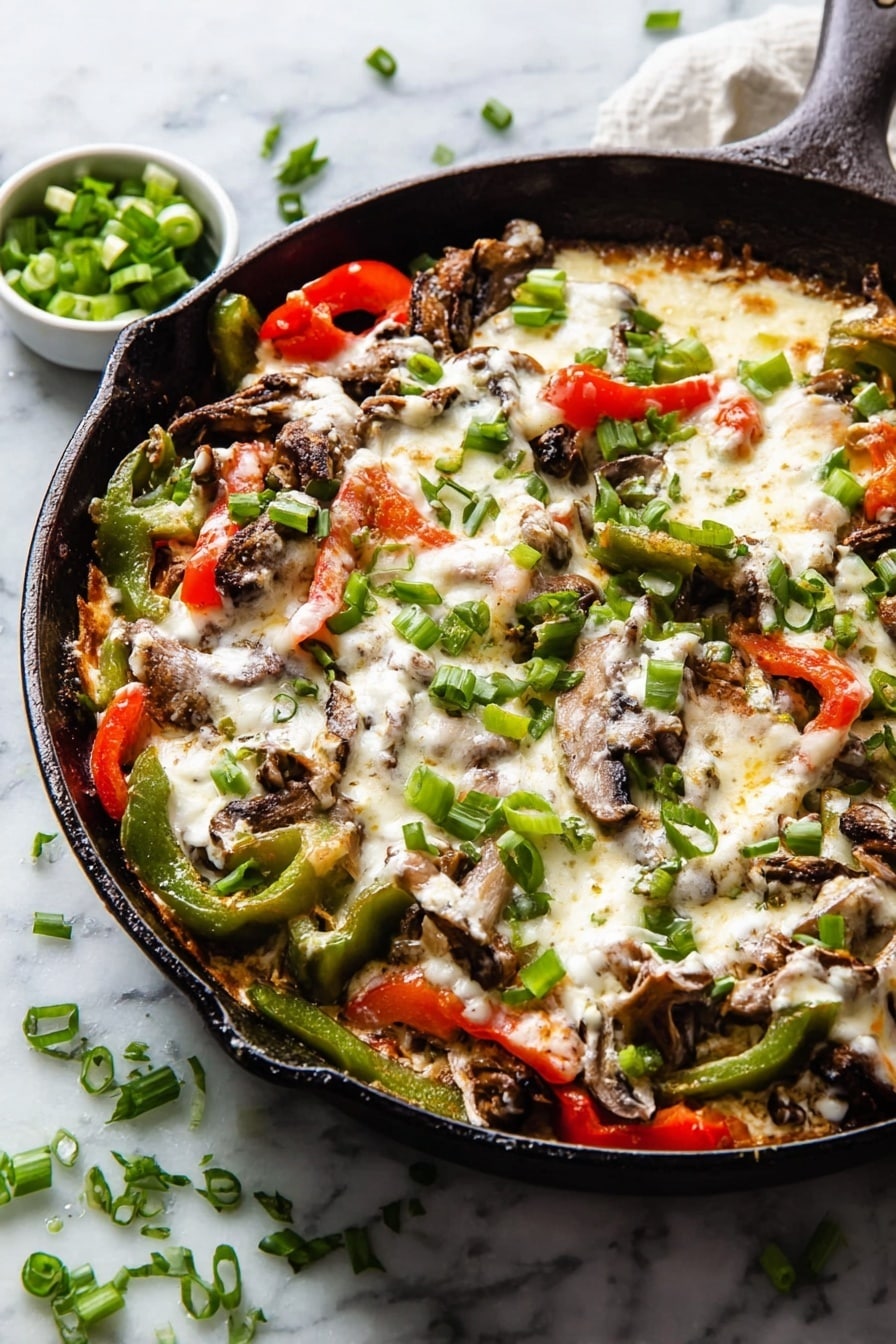 A black cast iron pan filled with several layers of cooked food sits on a white marbled surface. The base layer includes sliced green and red bell peppers with a slightly soft texture, mixed with pieces of dark brown cooked meat. On top, there are thin slices of cooked onions blending with the peppers and meat. A layer of melted white cheese spreads unevenly over the top, covering parts of the meat and vegetables, creating a creamy texture. The colors are mainly dark brown meat, bright red and green peppers, and white melted cheese, all inside the pan’s round shape with a handle visible on the right side. photo taken with an iphone --ar 2:3 --v 7 - Cheesesteak Skillet, Philly cheesesteak dinner, quick cheesesteak recipe, easy skillet steak, cheesy beef skillet