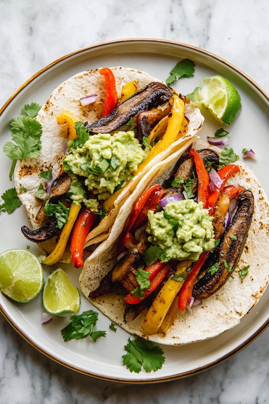 A large metal baking tray filled with cooked sliced portobello mushrooms, thin strips of red and yellow bell peppers, and thin slices of red onions. The mushrooms are dark brown with a slightly crispy edge, the peppers are bright and shiny, and the onions are translucent with some browned spots. Scattered green cilantro leaves add a fresh touch, and there are several bright green lime wedges placed on top. A silver spoon rests on the corner of the tray, and the tray is on a white marbled surface. photo taken with an iphone --ar 2:3 --v 7 - Portobello Mushroom Fajitas, vegetarian fajitas, mushroom fajitas recipe, easy fajitas with portobello, healthy veggie fajitas