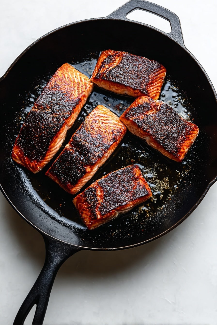 The image shows four pieces of cooked salmon with a dark brown crispy crust on top, sprinkled with small green herbs. The salmon pieces are arranged side by side in a white rectangular dish with a thin black rim. On the left side and bottom of the dish, there are three slices of lemon with a yellow peel and pale yellow flesh. Green parsley leaves are scattered around the salmon pieces, adding a fresh touch. The dish sits on a white marbled surface. photo taken with an iphone --ar 2:3 --v 7 - Blackened Salmon, Blackened Salmon Recipe, Spicy Salmon Dinner, Crispy Salmon, Easy Salmon Recipes