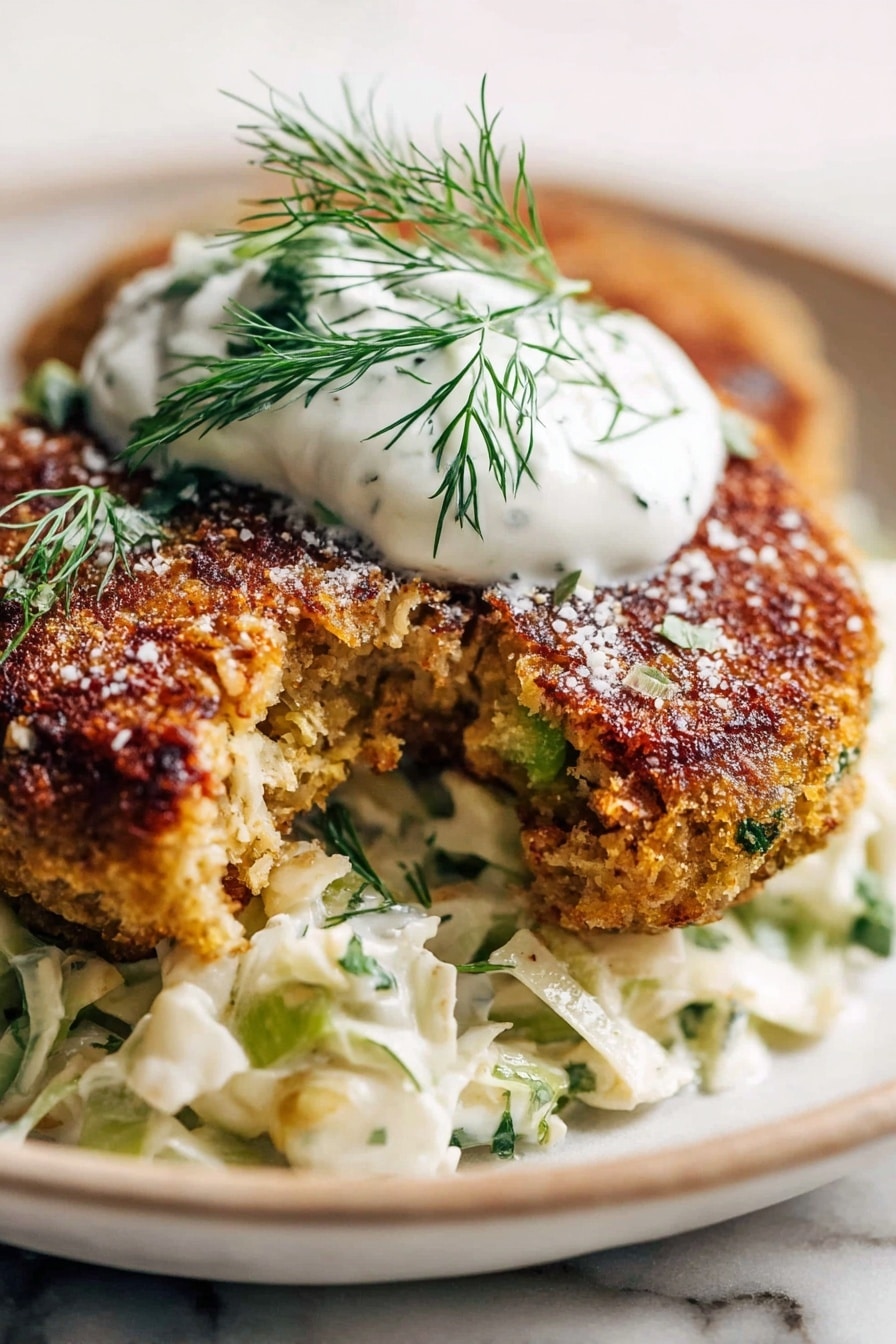 The image shows two browned, crispy patties with a rough, textured surface sprinkled with coarse salt and green herbs. One patty is broken, revealing a soft, moist inside with small green flecks. They sit atop a bed of pale, creamy coleslaw mixed with finely chopped green herbs, all placed on a white plate with a white marbled surface underneath. A dollop of smooth white cream rests on top of the whole patty, garnished with sprigs of fresh green dill. The close-up view highlights the contrasting colors and textures of the crispy patties, creamy topping, and fresh herbs. photo taken with an iphone --ar 2:3 --v 7 - Salmon Burgers with Fresh Slaw, healthy seafood burgers, easy salmon burger recipe, quick summer dinner ideas, flavorful fish burger