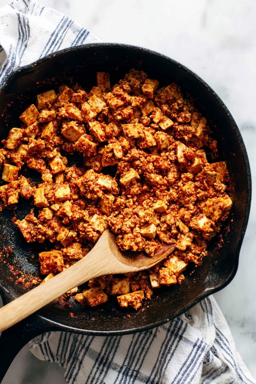 A close-up image of a large black skillet filled with cooked ground meat seasoned with spices, showing a mixture of small to medium chunky pieces in warm brown and reddish tones. A wooden spatula rests inside the skillet, partially lifting some of the cooked meat. The skillet sits on a white marbled surface covered with a soft white and gray striped cloth. The image is bright with natural light highlighting the textures of the meat and the wooden spatula photo taken with an iphone --ar 2:3 --v 7 - Spicy Sofritas Tofu, smoky tofu dishes, vegan tofu recipes, spicy plant-based meals, easy tofu stir-fry