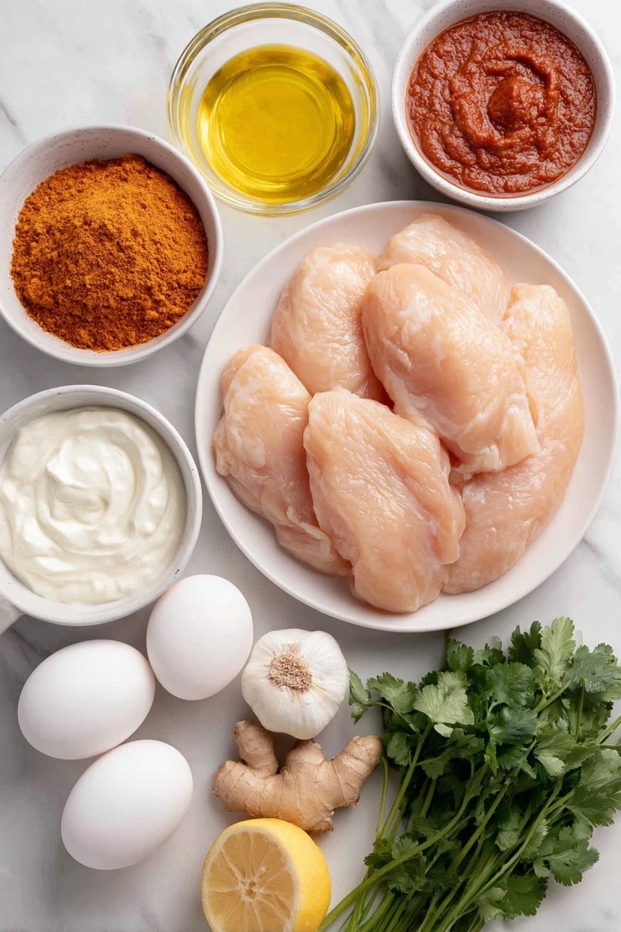 Flat lay of boneless skinless chicken breasts arranged neatly, a small mound of vibrant orange-red masala paste in a white ceramic bowl, a small white bowl of creamy plain yogurt, a small white bowl with golden cooking oil, a round white bowl filled with smooth deep red tomato puree, a small white bowl of thick heavy cream, a small pile of fresh bright green cilantro leaves, a simple mound of uncooked white rice grains in a white bowl, two uncracked brown eggs, two whole peeled onions with papery skins removed, five whole garlic cloves with skins on, a fresh 2-inch piece of ginger root with beige skin, a small white bowl containing a mixture of ground garam masala, chili powder, turmeric, cumin, ground cloves, cayenne pepper, and kosher salt arranged in separate small piles within the bowl, a small bunch of fresh cilantro stems, and one halved lemon showing its juicy interior all symmetrically placed in balanced proportions on simple white ceramic bowls and plates, placed on a clean white marble surface, soft natural light, photo taken with an iPhone, professional food photography style, fresh ingredients, white ceramic bowls, no bottles, no duplicates, no utensils, no packaging --ar 2:3 --v 7 --p awthu7i m7354615311229779997 - Easy Chicken Tikka Masala, Chicken Tikka Masala, homemade Chicken Tikka Masala, simple Indian curry, quick Chicken Tikka Masala