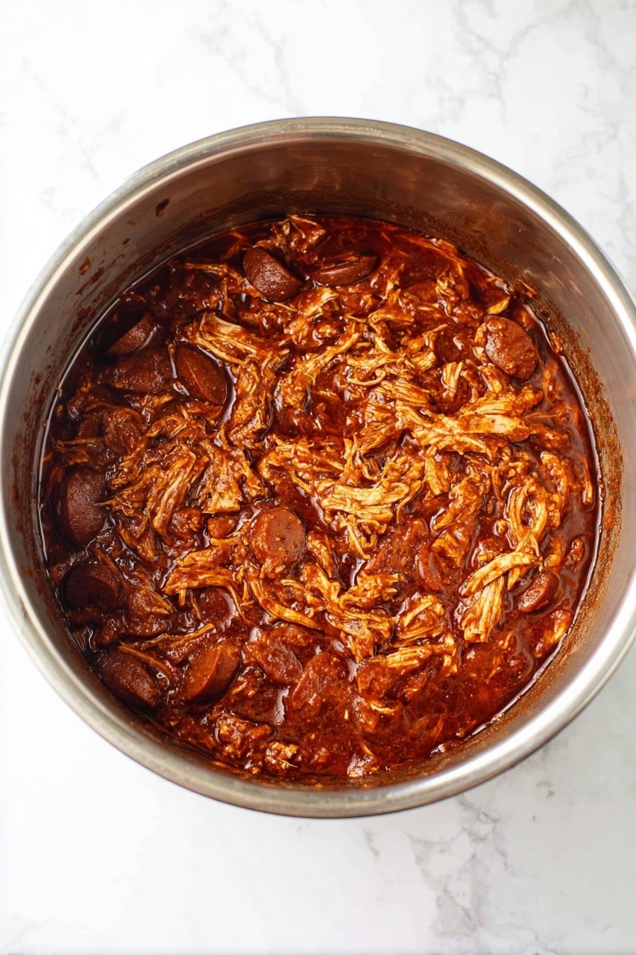 Four clear white bowls are filled with a hearty dish made of shredded chicken, sliced sausage, and white rice mixed in a rich red tomato sauce. Each bowl is topped with small, chopped green onions that add a bright fresh contrast to the deep red and brown colors of the stew-like mixture. The bowls sit on a white marbled surface, arranged with two near the top and two closer at the bottom of the image, showing a close view of the thick, chunky texture in each bowl. photo taken with an iphone --ar 2:3 --v 7 - Instant Pot Creole Chicken and Sausage, Creole chicken and sausage recipe, quick Creole chicken dish, flavorful sausage and chicken recipe, easy Instant Pot Creole meal
