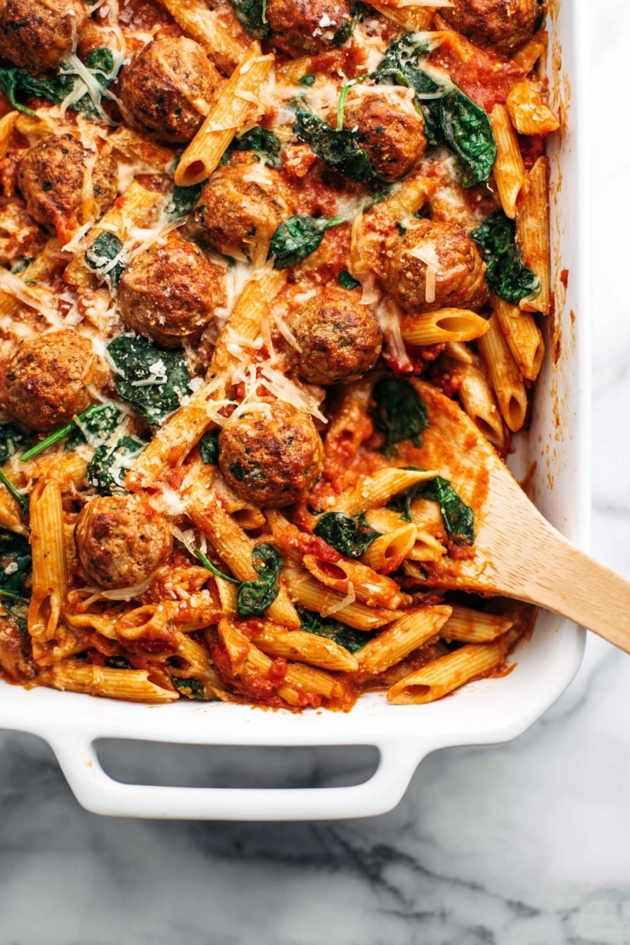 The dish shows a bowl filled with a mix of penne pasta and round meatballs, all covered in red sauce. The pasta is orange-red and slightly shiny, scattered evenly with dark green spinach leaves in between. The meatballs are brownish and textured, sitting among the pasta pieces. Some white cheese shreds are sprinkled on top. The bowl is round, white with a speckled brown pattern, holding the pasta mix. A silver spoon rests inside the bowl on the right side. The background is a white marbled surface with a small bunch of green parsley and a block of pale yellow cheese placed to the left. photo taken with an iphone --ar 2:3 --v 7 - No-Boil Baked Penne with Meatballs, baked pasta with meatballs, easy baked penne recipe, one-pot pasta dinner, hassle-free weeknight meal